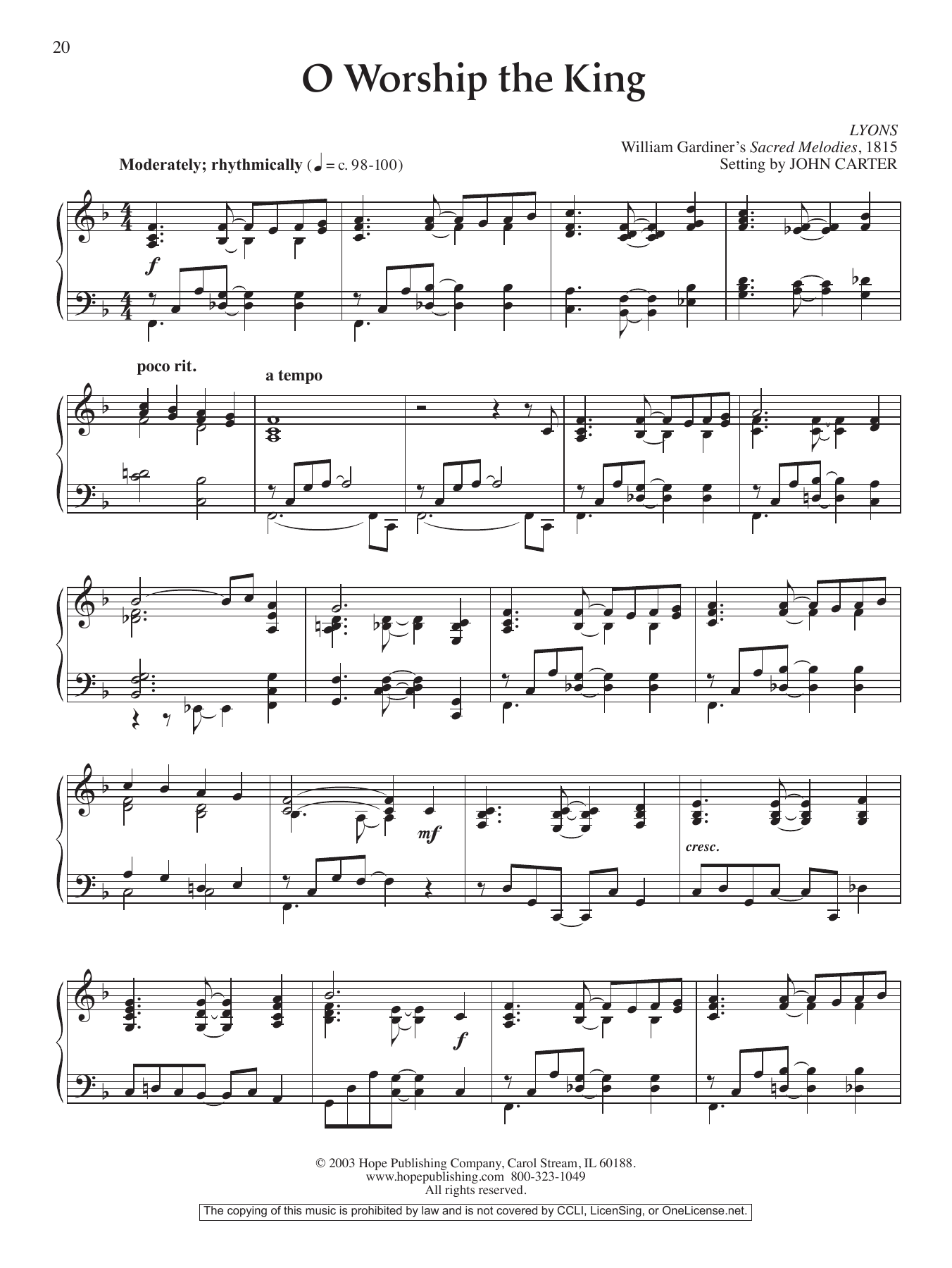 John Carter O Worship the King sheet music notes and chords. Download Printable PDF.