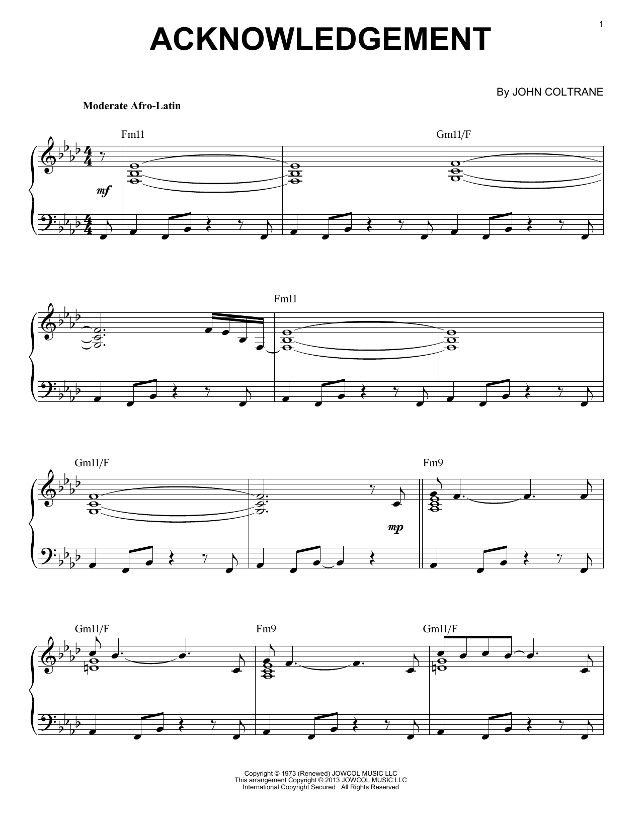 John Coltrane Acknowledgement (arr. Brent Edstrom) sheet music notes and chords arranged for Piano Solo