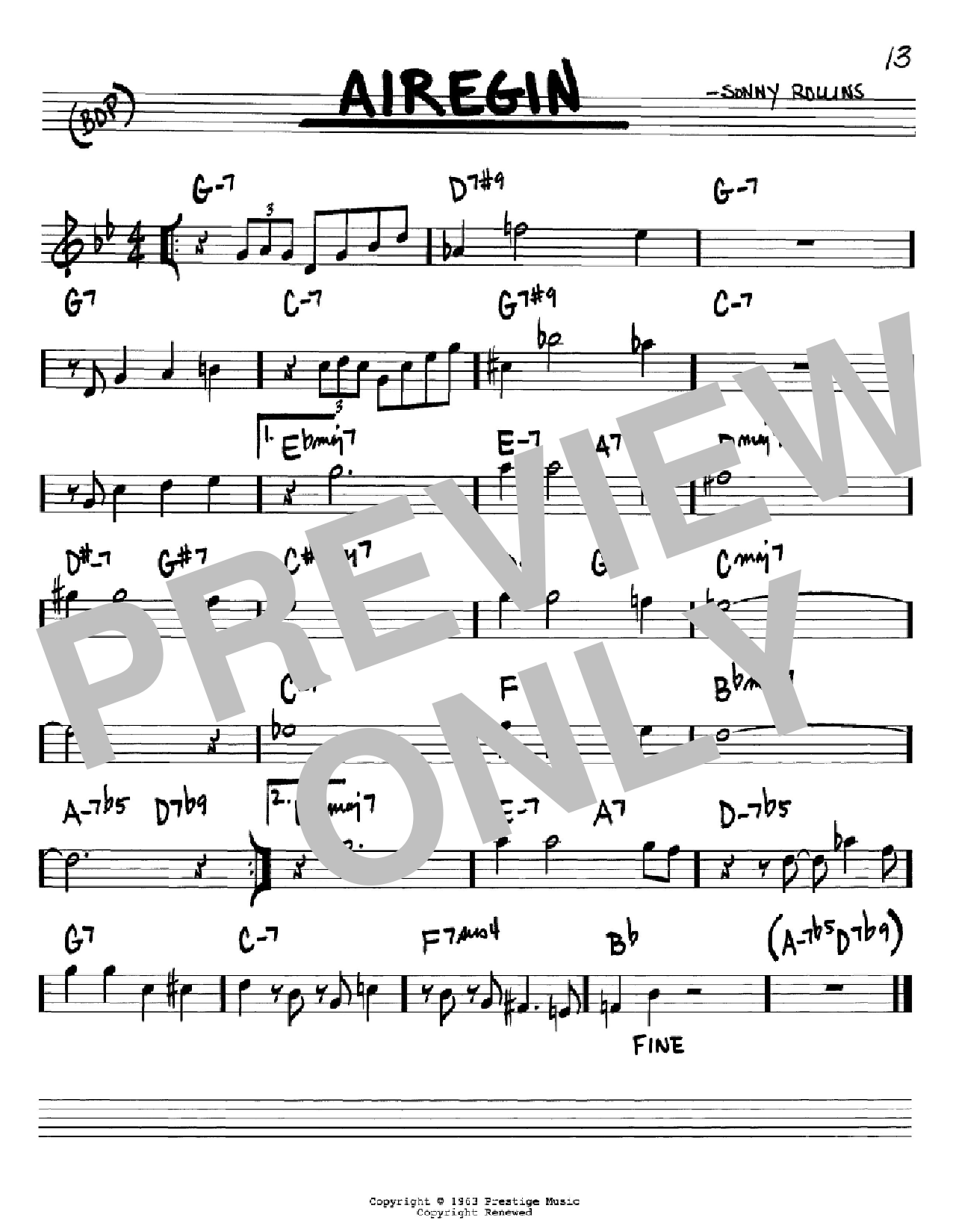 John Coltrane Airegin sheet music notes and chords arranged for Real Book – Melody & Chords – Bb Instruments