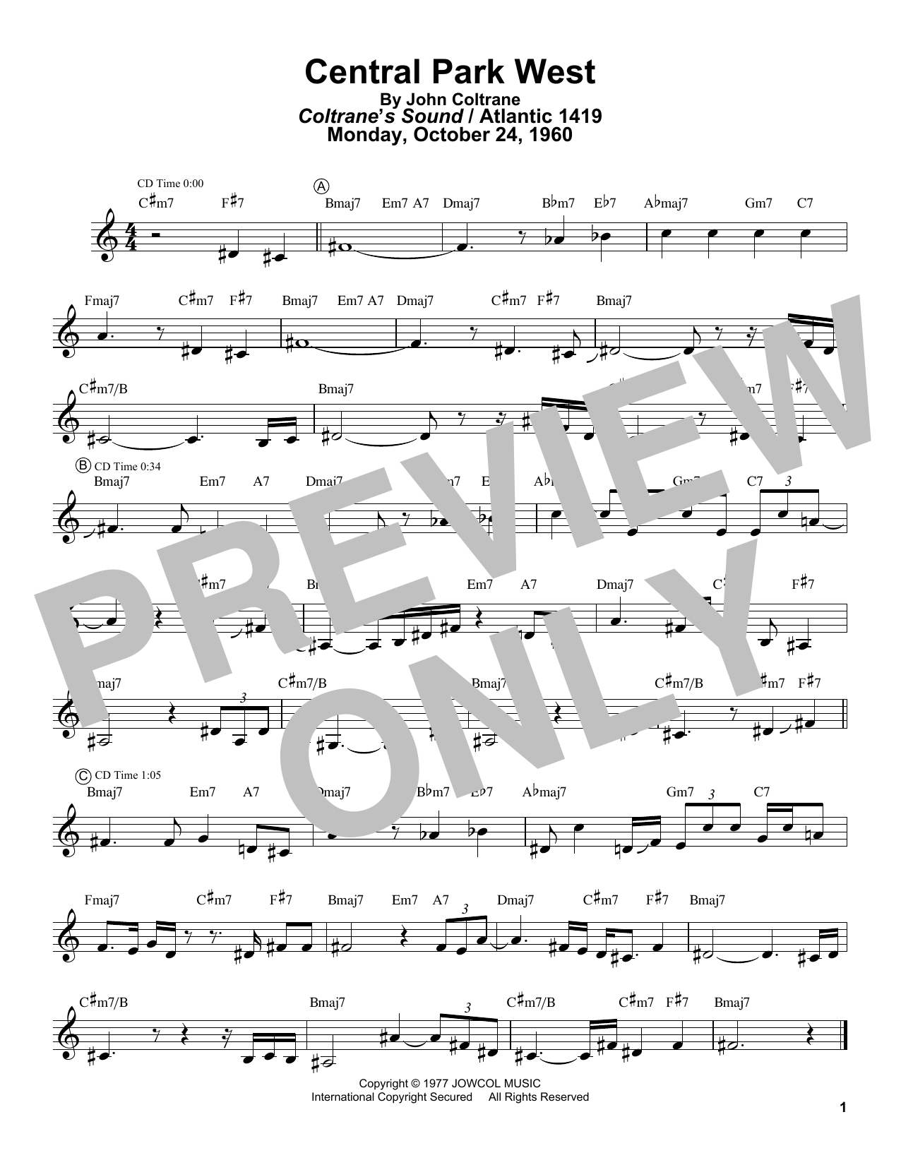 John Coltrane Central Park West sheet music notes and chords. Download Printable PDF.