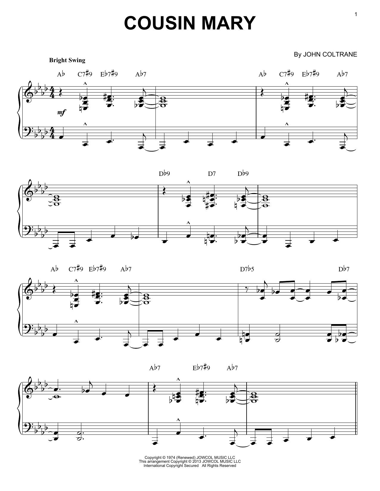 John Coltrane Cousin Mary (arr. Brent Edstrom) sheet music notes and chords arranged for Piano Solo