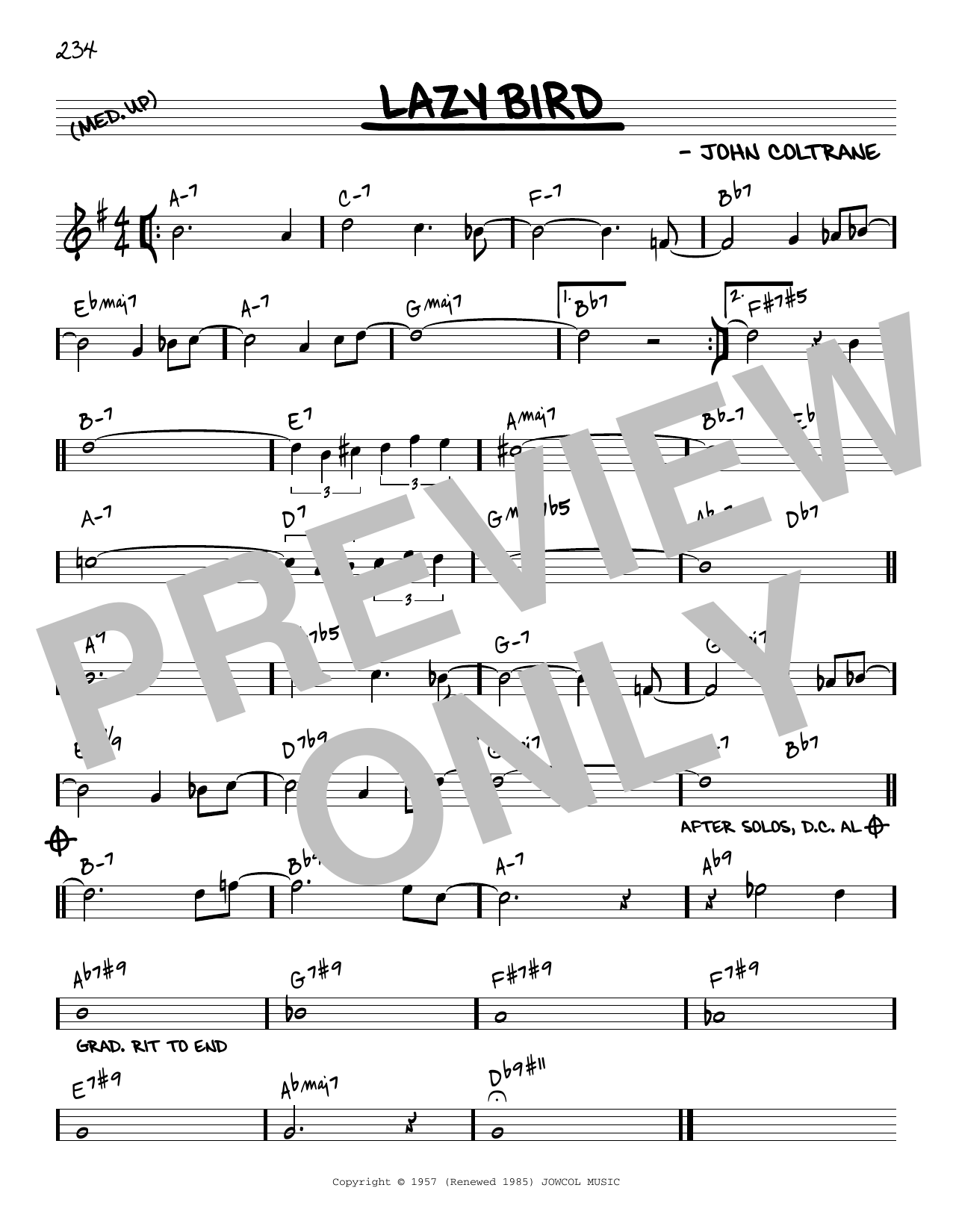 John Coltrane Lazy Bird [Reharmonized version] (arr. Jack Grassel) sheet music notes and chords arranged for Real Book – Melody & Chords