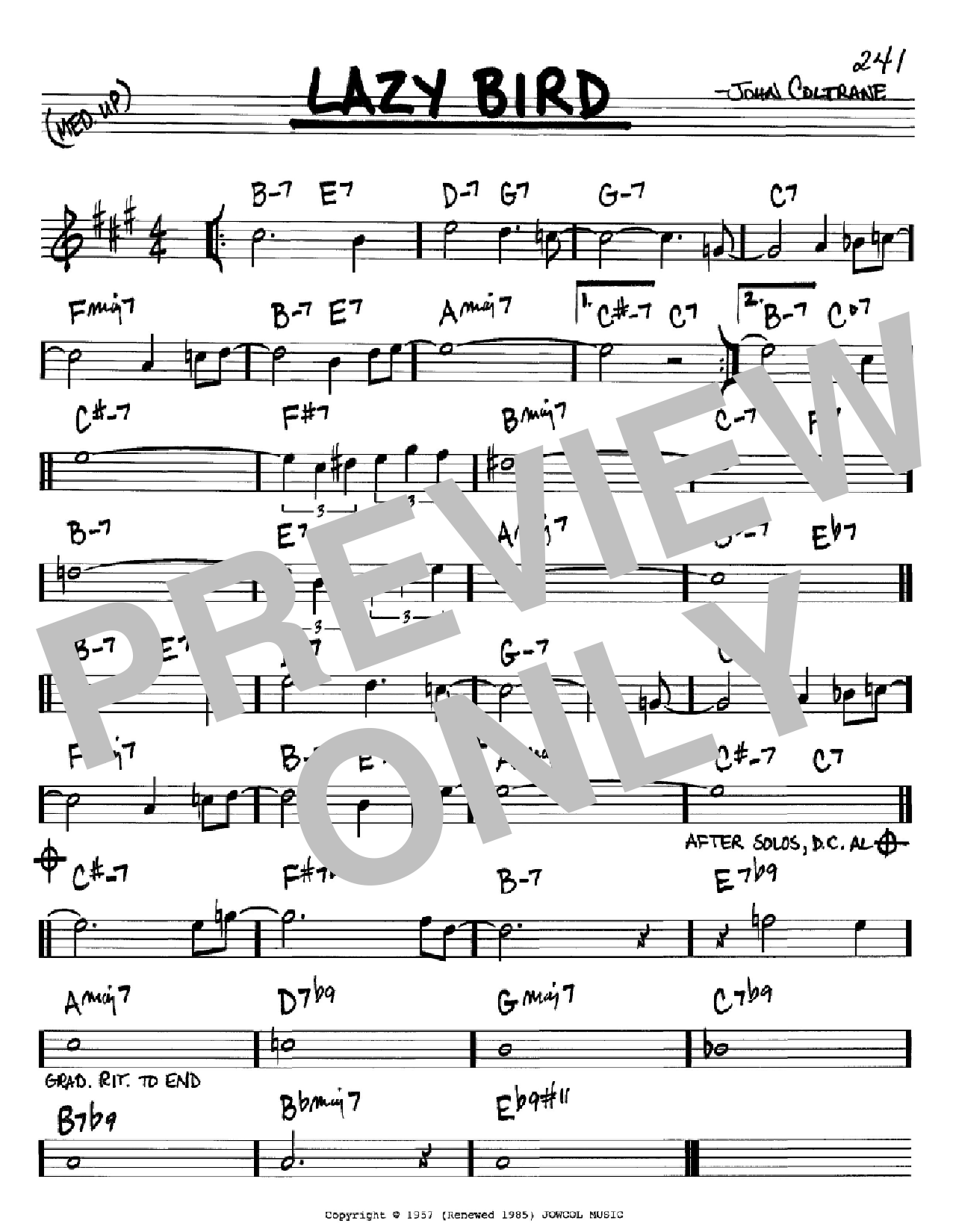 John Coltrane Lazy Bird sheet music notes and chords arranged for Real Book – Melody & Chords – C Instruments