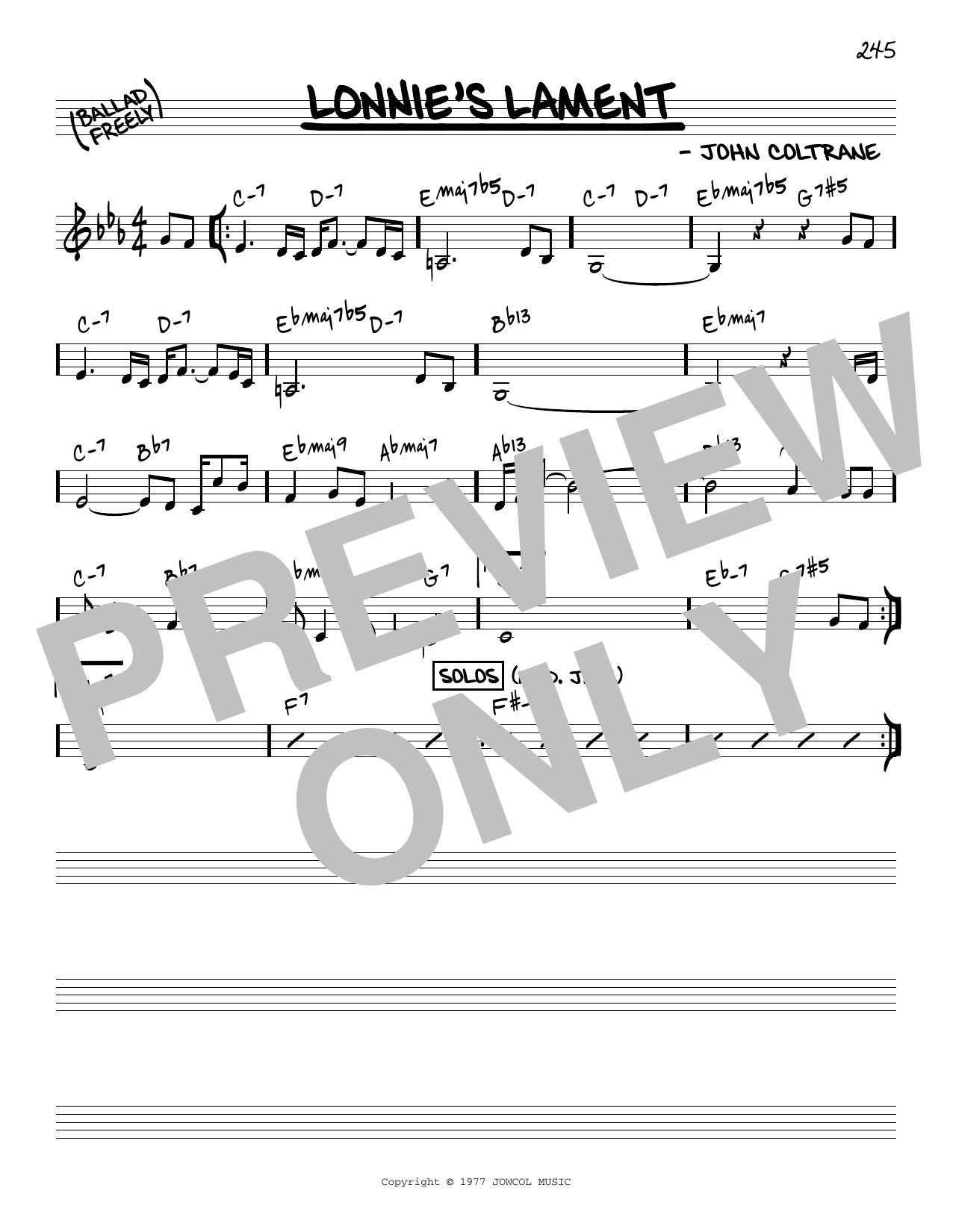 John Coltrane Lonnie's Lament [Reharmonized version] (arr. Jack Grassel) sheet music notes and chords arranged for Real Book – Melody & Chords