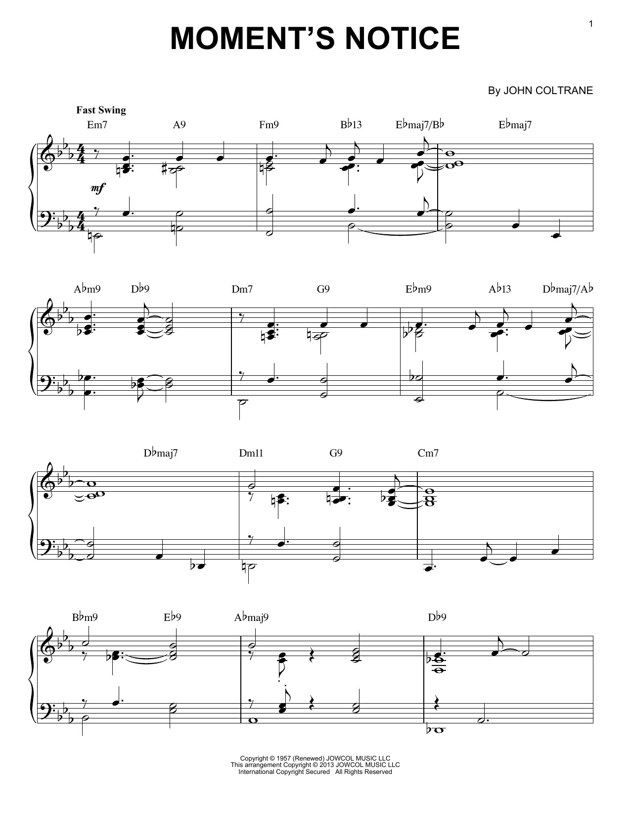 John Coltrane Moment's Notice (arr. Brent Edstrom) sheet music notes and chords. Download Printable PDF.