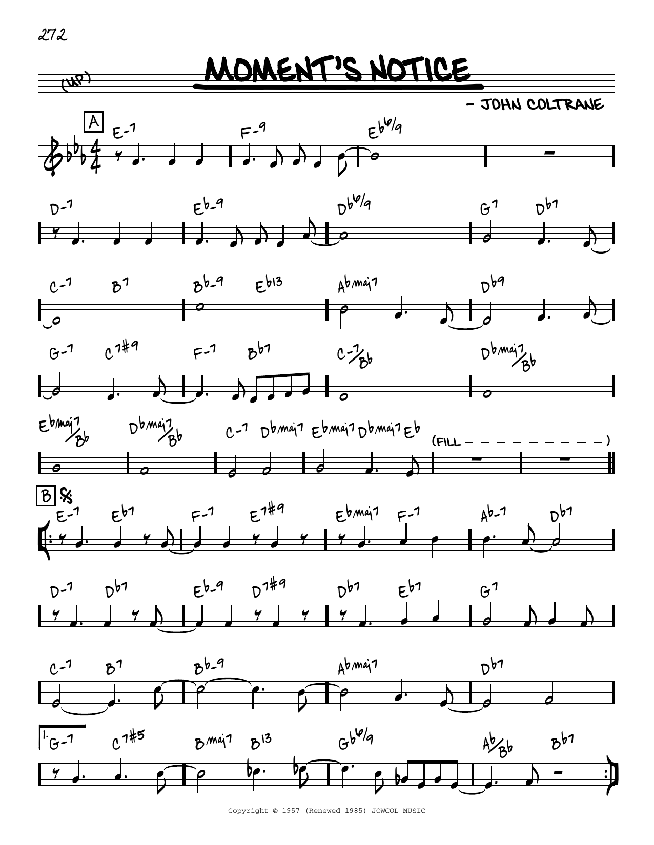 John Coltrane Moment's Notice [Reharmonized version] (arr. Jack Grassel) sheet music notes and chords arranged for Real Book – Melody & Chords