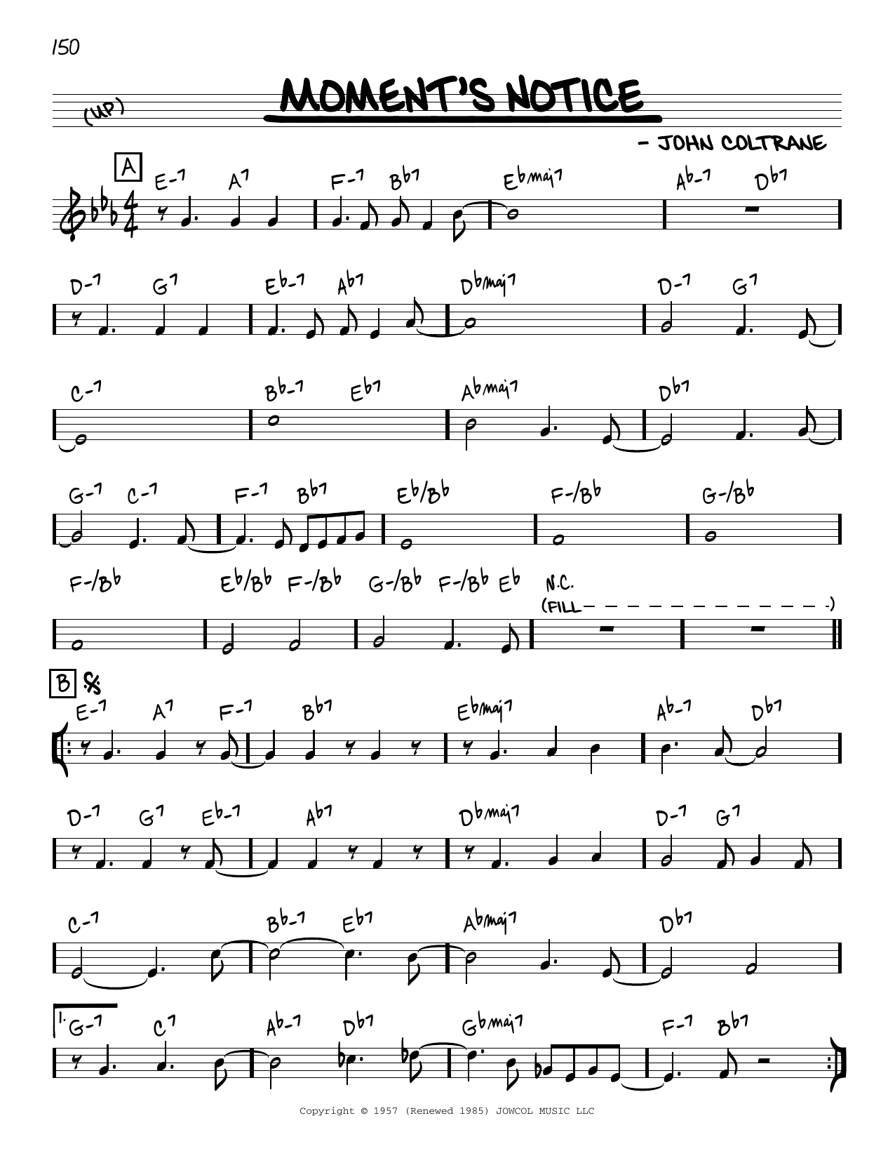 John Coltrane Moment's Notice sheet music notes and chords. Download Printable PDF.