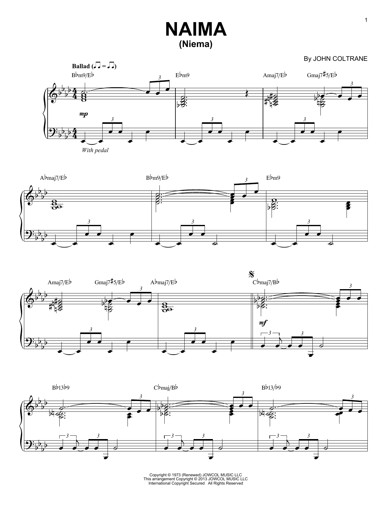 John Coltrane Naima (Niema) (arr. Brent Edstrom) sheet music notes and chords arranged for Piano Solo