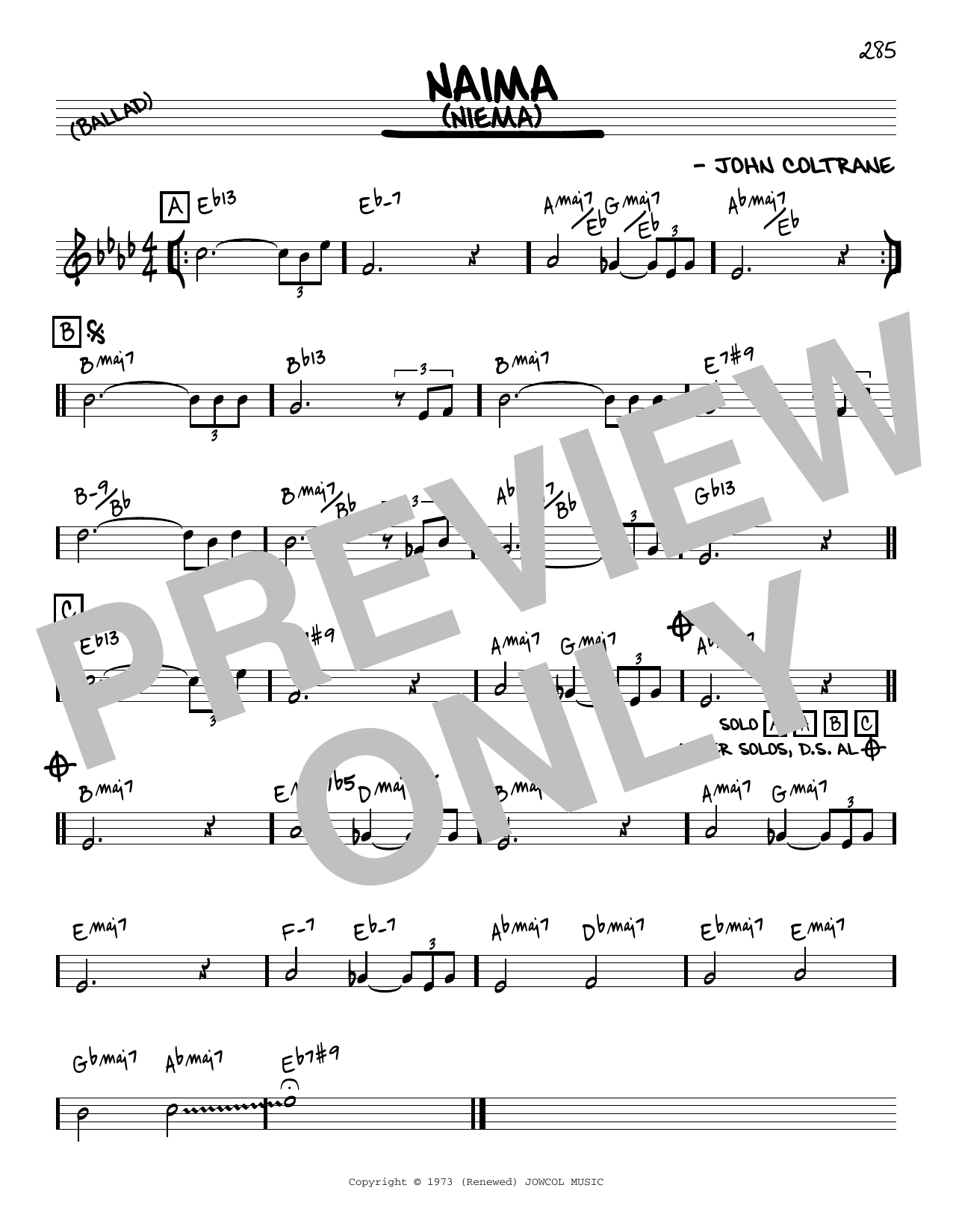John Coltrane Naima (Niema) [Reharmonized version] (arr. Jack Grassel) sheet music notes and chords arranged for Real Book – Melody & Chords