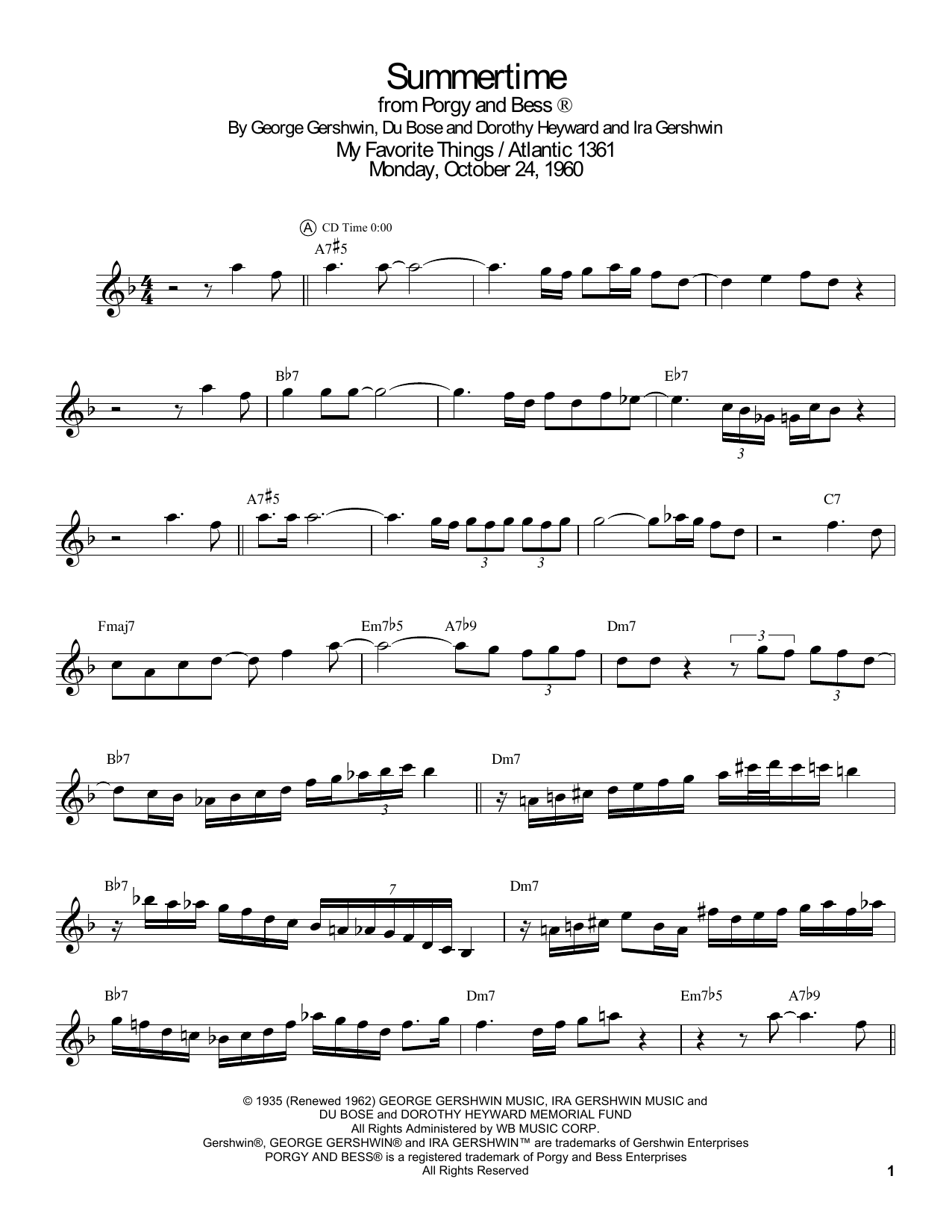 John Coltrane Summertime sheet music notes and chords. Download Printable PDF.