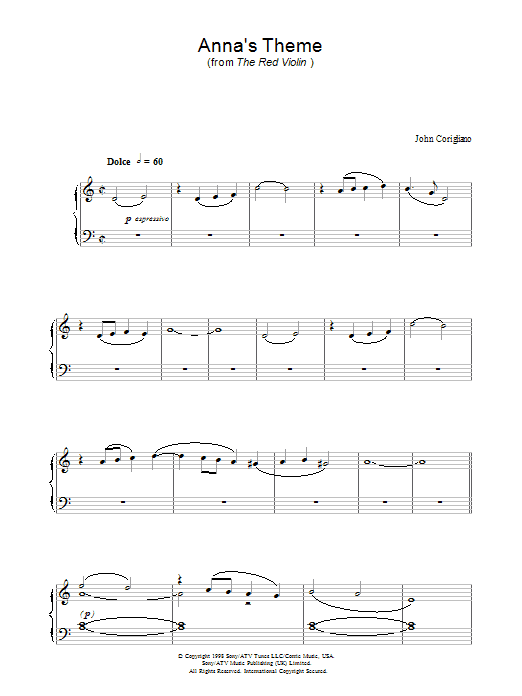 John Corigliano Anna's Theme (from The Red Violin) sheet music notes and chords. Download Printable PDF.