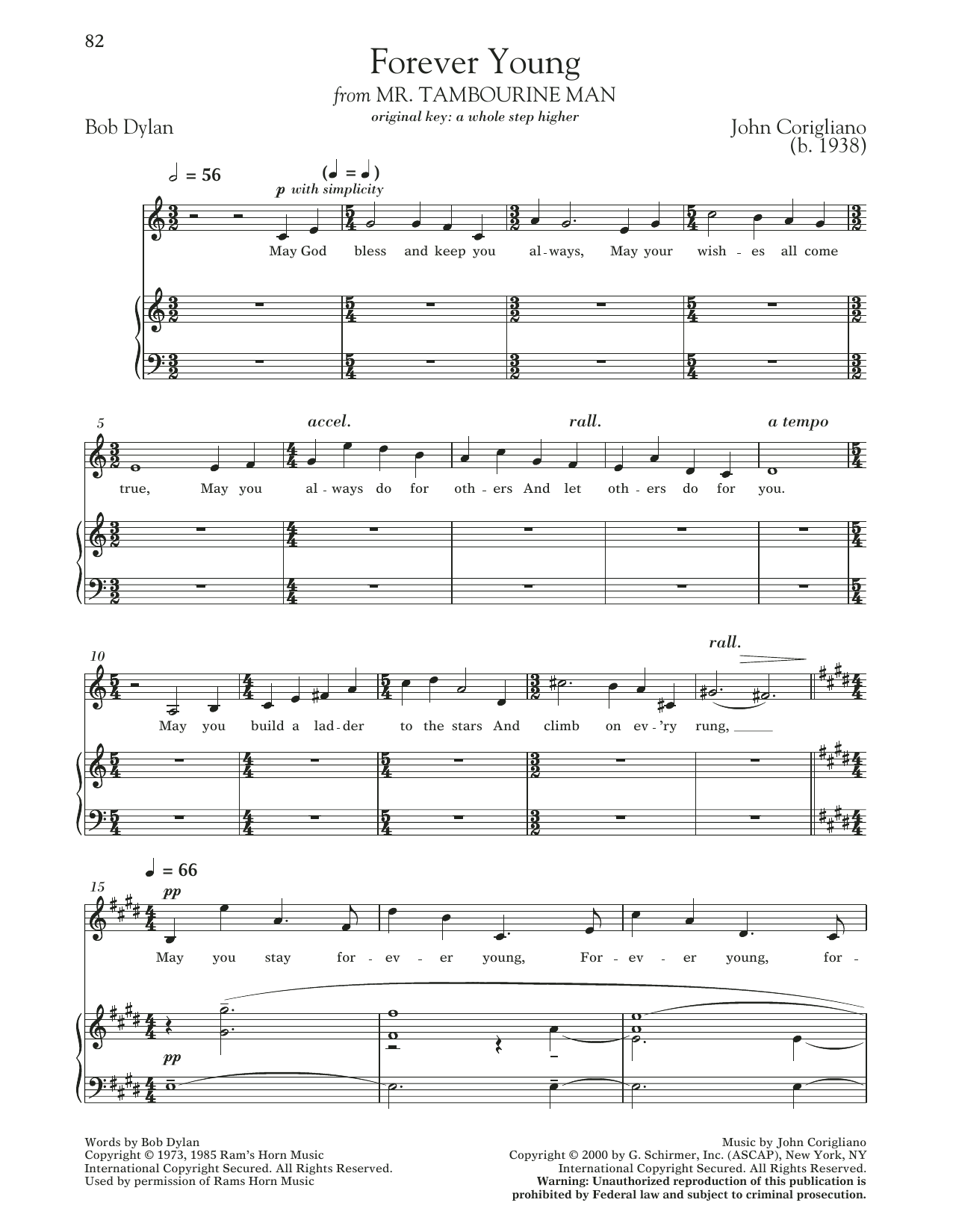 John Corigliano Forever Young (from 'Mr. Tambourine Man') sheet music notes and chords. Download Printable PDF.