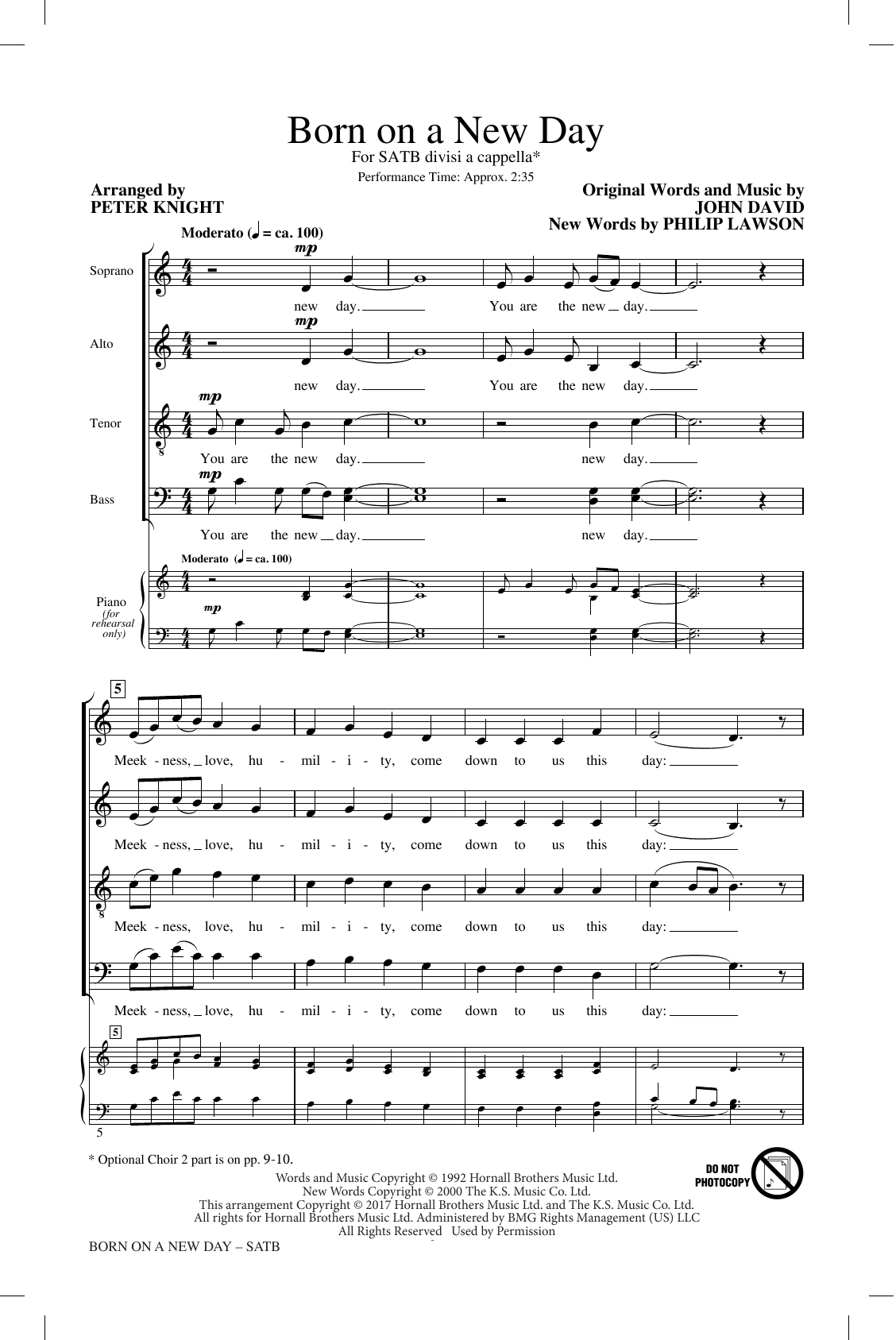 John David & Philip Lawson Born On A New Day (arr. Peter Knight) sheet music notes and chords. Download Printable PDF.