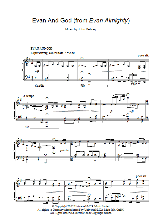 John Debney Evan And God (from Evan Almighty) sheet music notes and chords arranged for Piano Solo