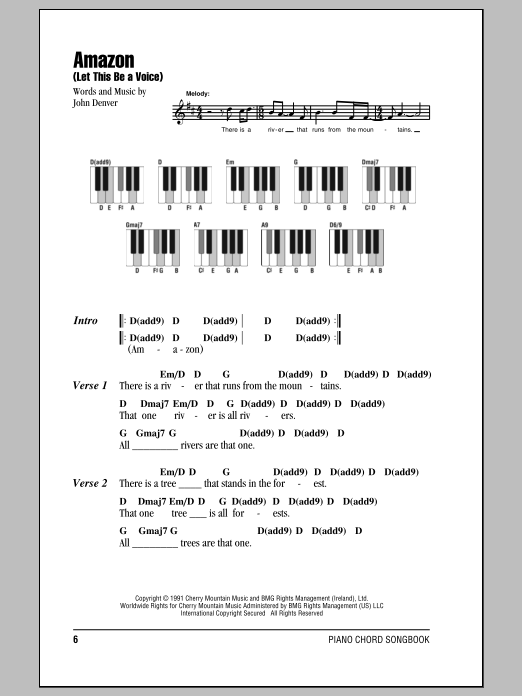 Learn to play John Denver Amazon (Let This Be A Voice) sheet music for Piano Chords/Lyrics in minutes. Price: 3.9900$ John Denver Amazon (Let This Be A Voice) sheet music notes and chords arranged for Piano Chords/Lyrics