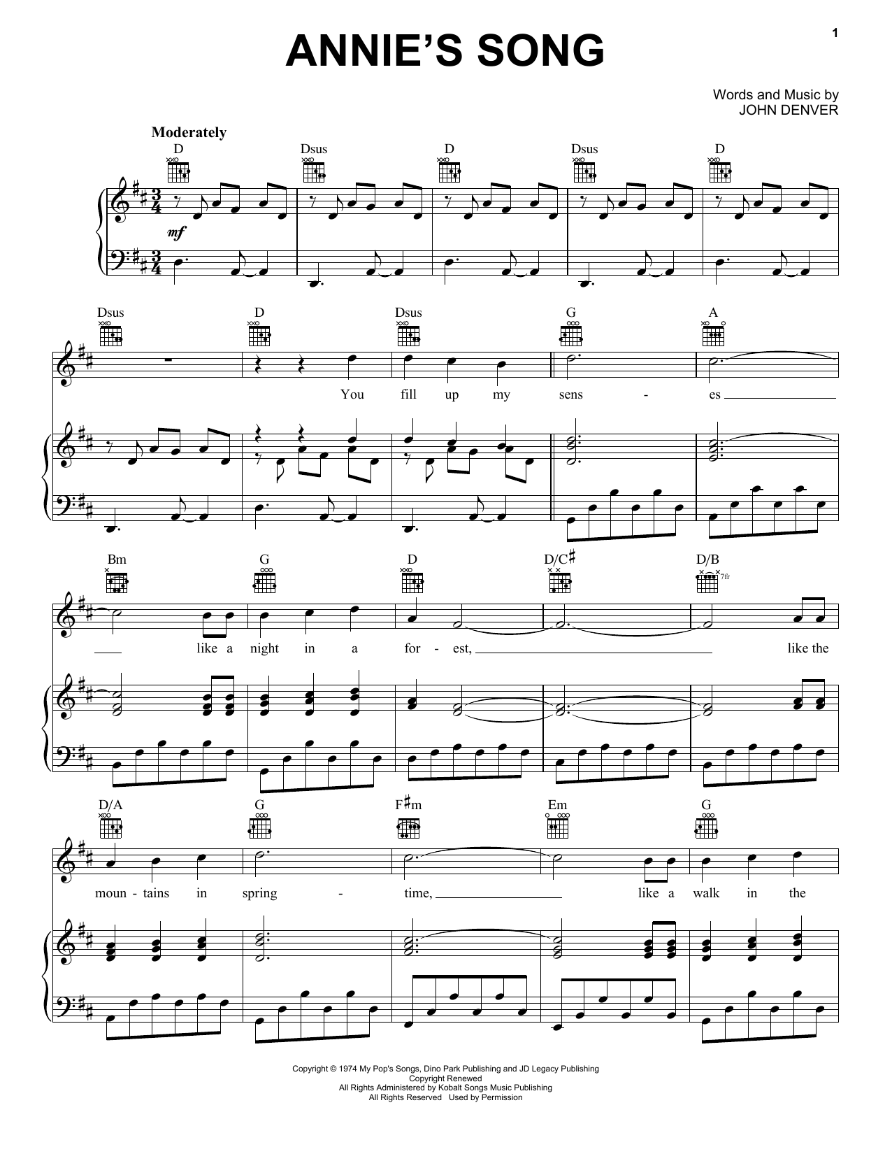 John Denver Annie's Song sheet music notes and chords. Download Printable PDF.