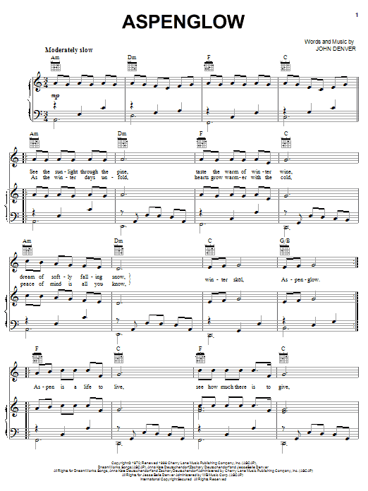 Learn to play John Denver Aspenglow sheet music for Piano, Vocal & Guitar Chords (Right-Hand Melody) in minutes. Price: 7.8900$ John Denver Aspenglow sheet music notes and chords arranged for Piano, Vocal & Guitar Chords (Right-Hand Melody)