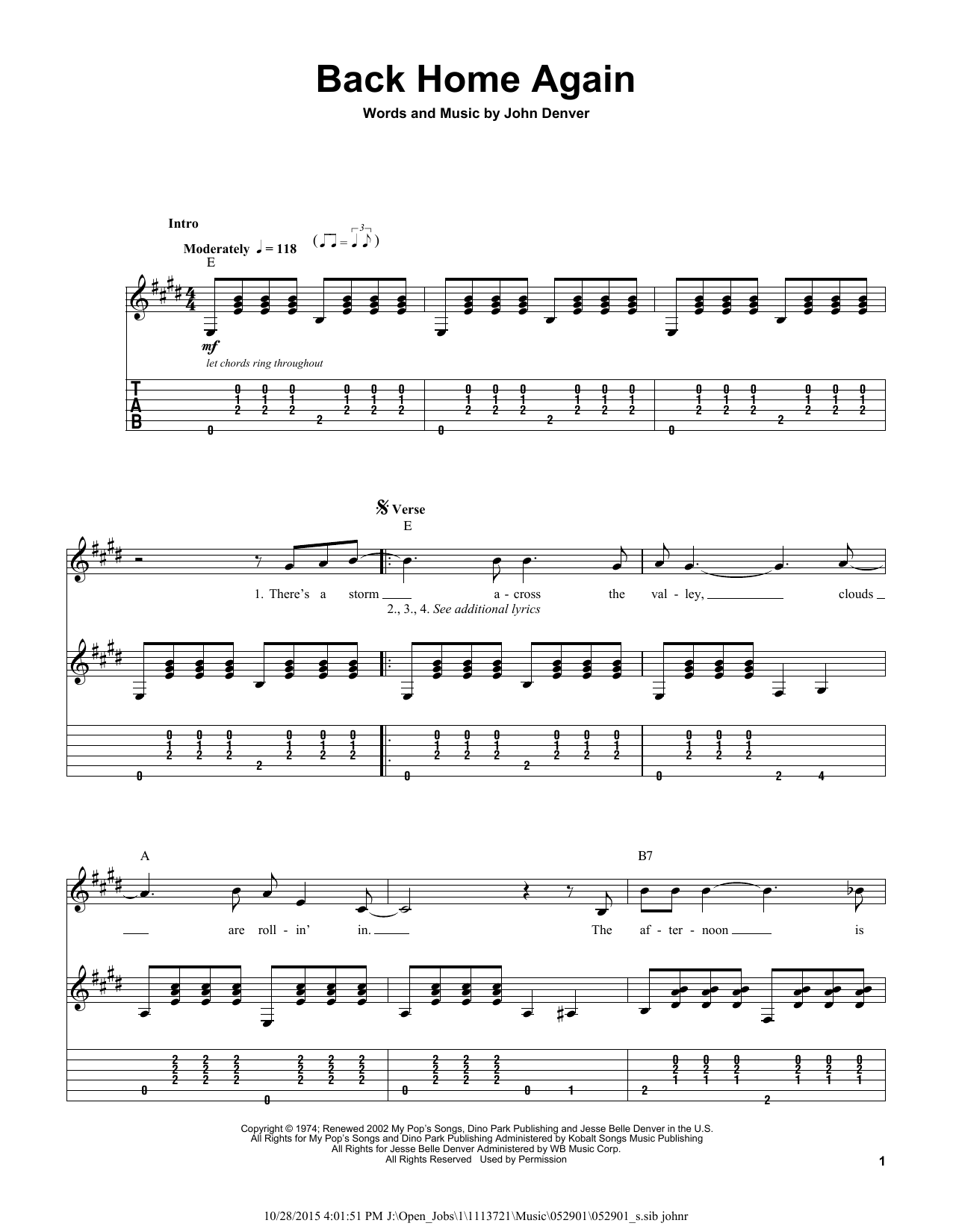 John Denver Back Home Again sheet music notes and chords. Download Printable PDF.