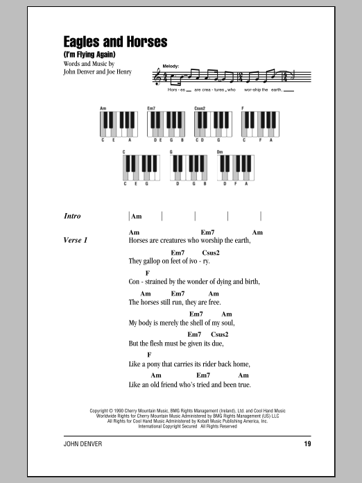 John Denver Eagles And Horses (I'm Flying Again) sheet music notes and chords. Download Printable PDF.