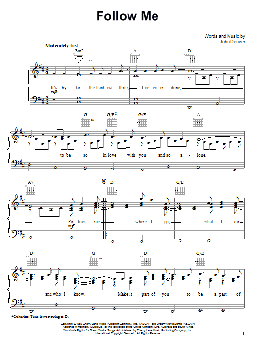 John Denver Follow Me sheet music notes and chords arranged for Piano, Vocal & Guitar Chords (Right-Hand Melody)