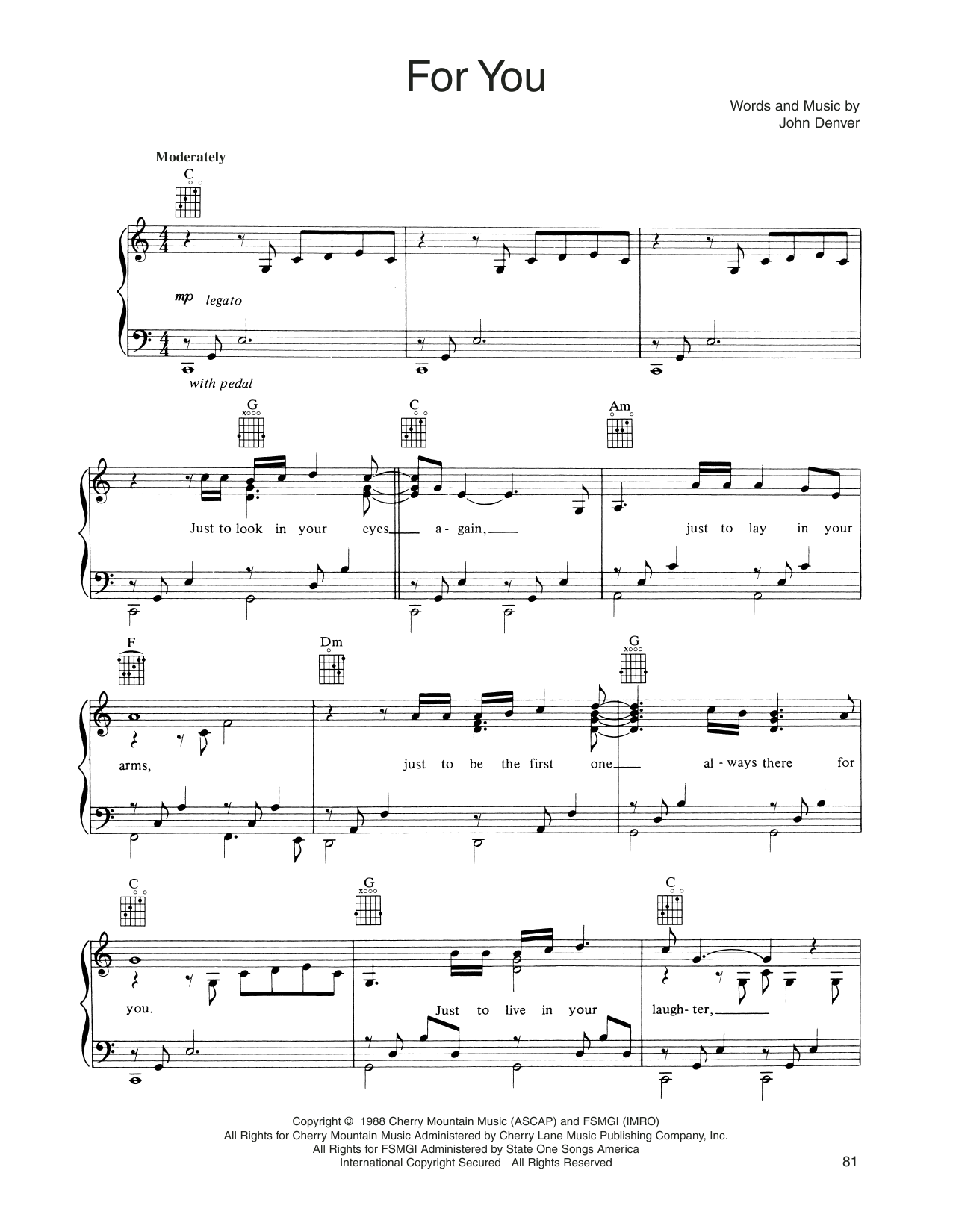 John Denver For You sheet music notes and chords. Download Printable PDF.