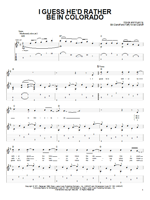 Learn to play John Denver I Guess He'd Rather Be In Colorado sheet music for Guitar Tab in minutes. Price: 7.8900$ John Denver I Guess He'd Rather Be In Colorado sheet music notes and chords arranged for Guitar Tab