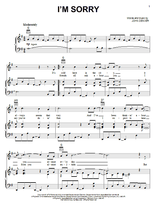 Learn to play John Denver I'm Sorry sheet music for Ukulele Chords/Lyrics in minutes. Price: 4.4900$ John Denver I'm Sorry sheet music notes and chords arranged for Ukulele Chords/Lyrics