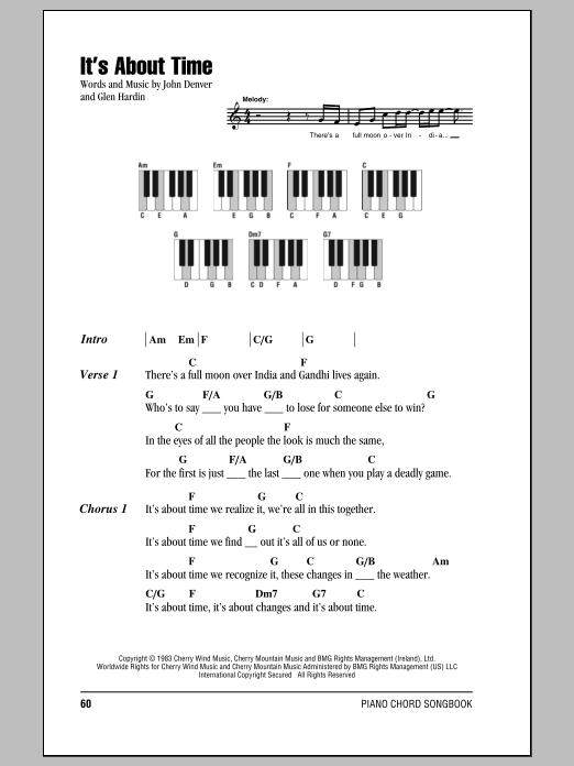 Learn to play John Denver It's About Time sheet music for Ukulele Chords/Lyrics in minutes. Price: 4.4900$ John Denver It's About Time sheet music notes and chords arranged for Ukulele Chords/Lyrics