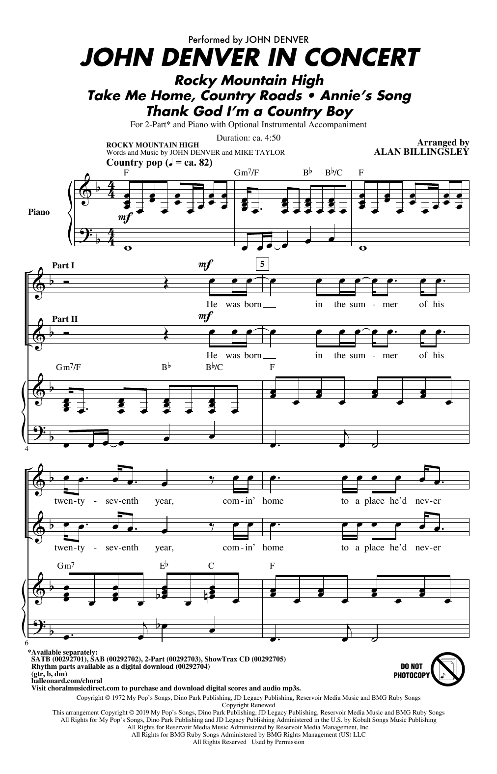 John Denver John Denver In Concert (arr. Alan Billingsley) sheet music notes and chords. Download Printable PDF.