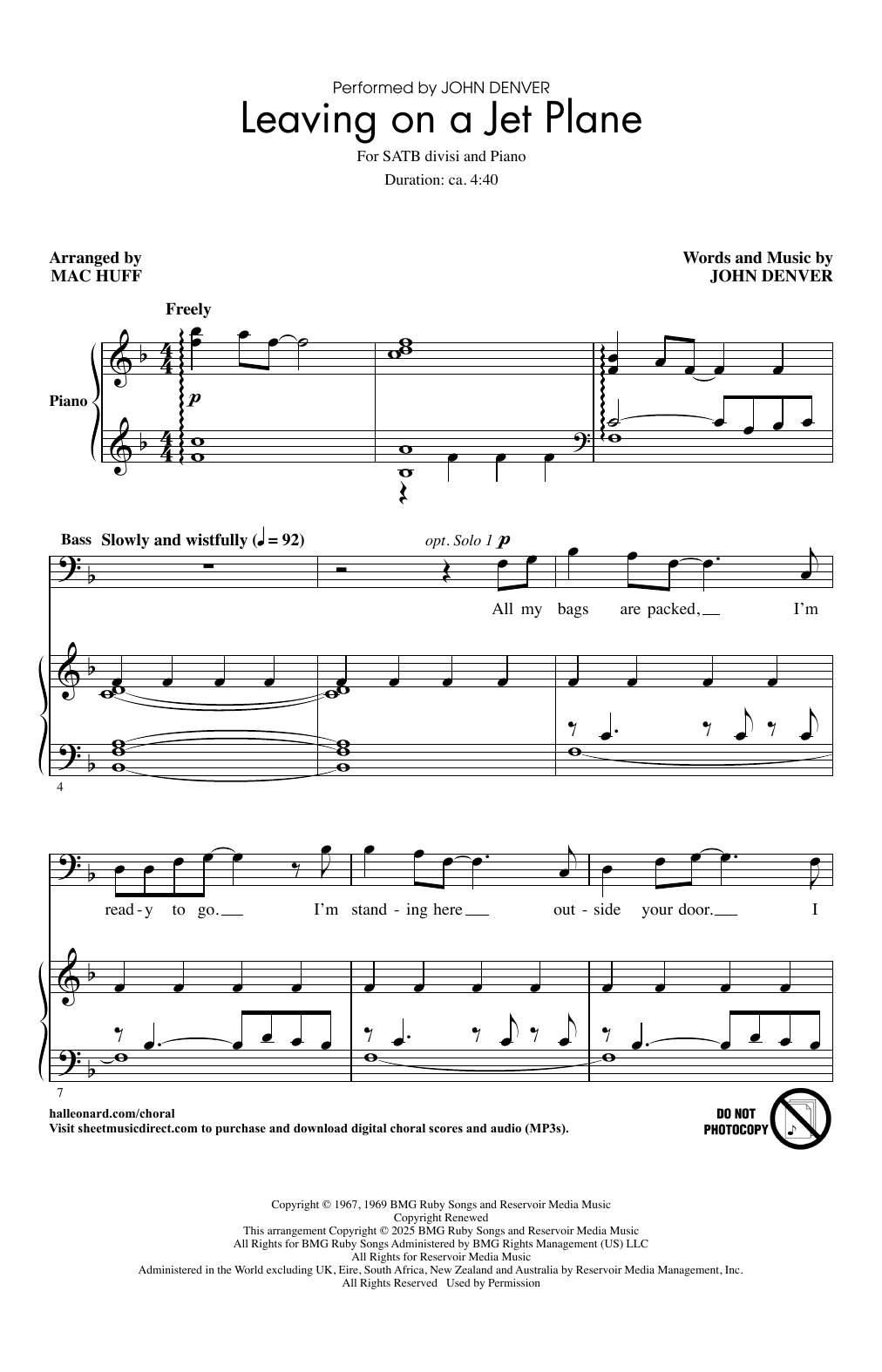 Learn to play John Denver Leaving On A Jet Plane (arr. Mac Huff) sheet music for SATB divisi Choir in minutes. Price: 3.9900$ John Denver Leaving On A Jet Plane (arr. Mac Huff) sheet music notes and chords arranged for SATB divisi Choir