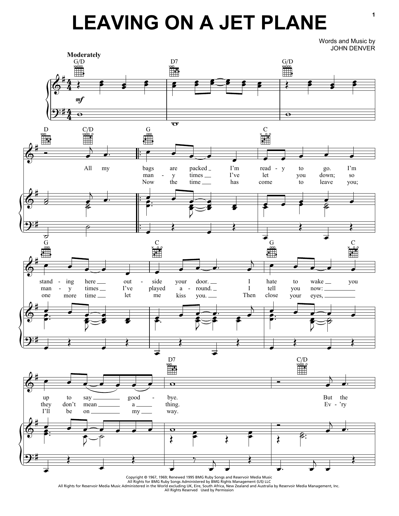 John Denver Leaving On A Jet Plane sheet music notes and chords. Download Printable PDF.