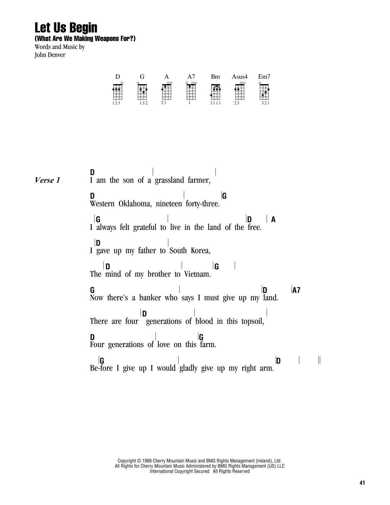 John Denver Let Us Begin (What Are We Making Weapons For?) sheet music notes and chords arranged for Ukulele Chords/Lyrics