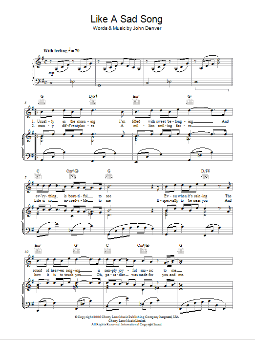 John Denver Like A Sad Song sheet music notes and chords arranged for Piano, Vocal & Guitar Chords