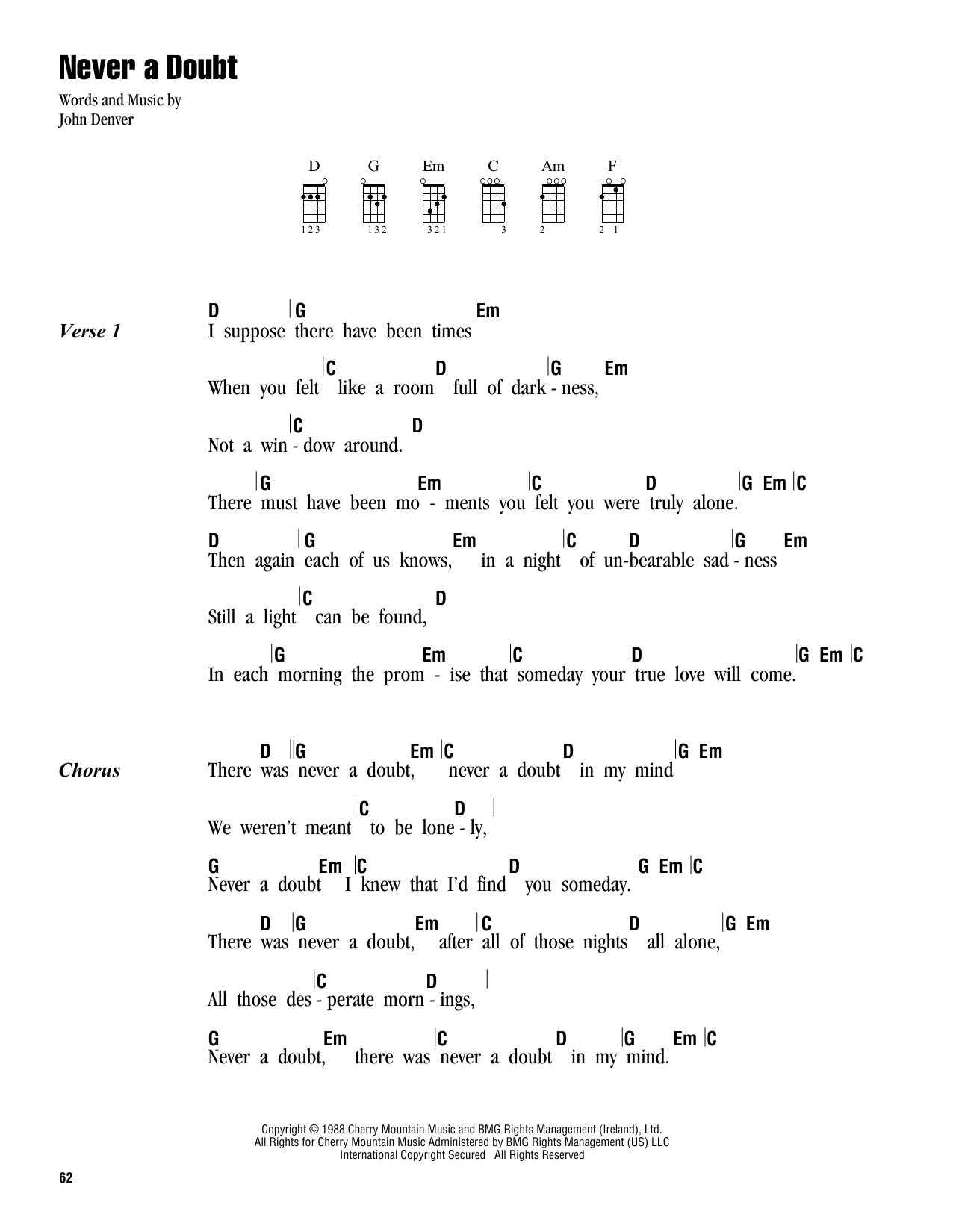 John Denver Never A Doubt sheet music notes and chords arranged for Ukulele Chords/Lyrics