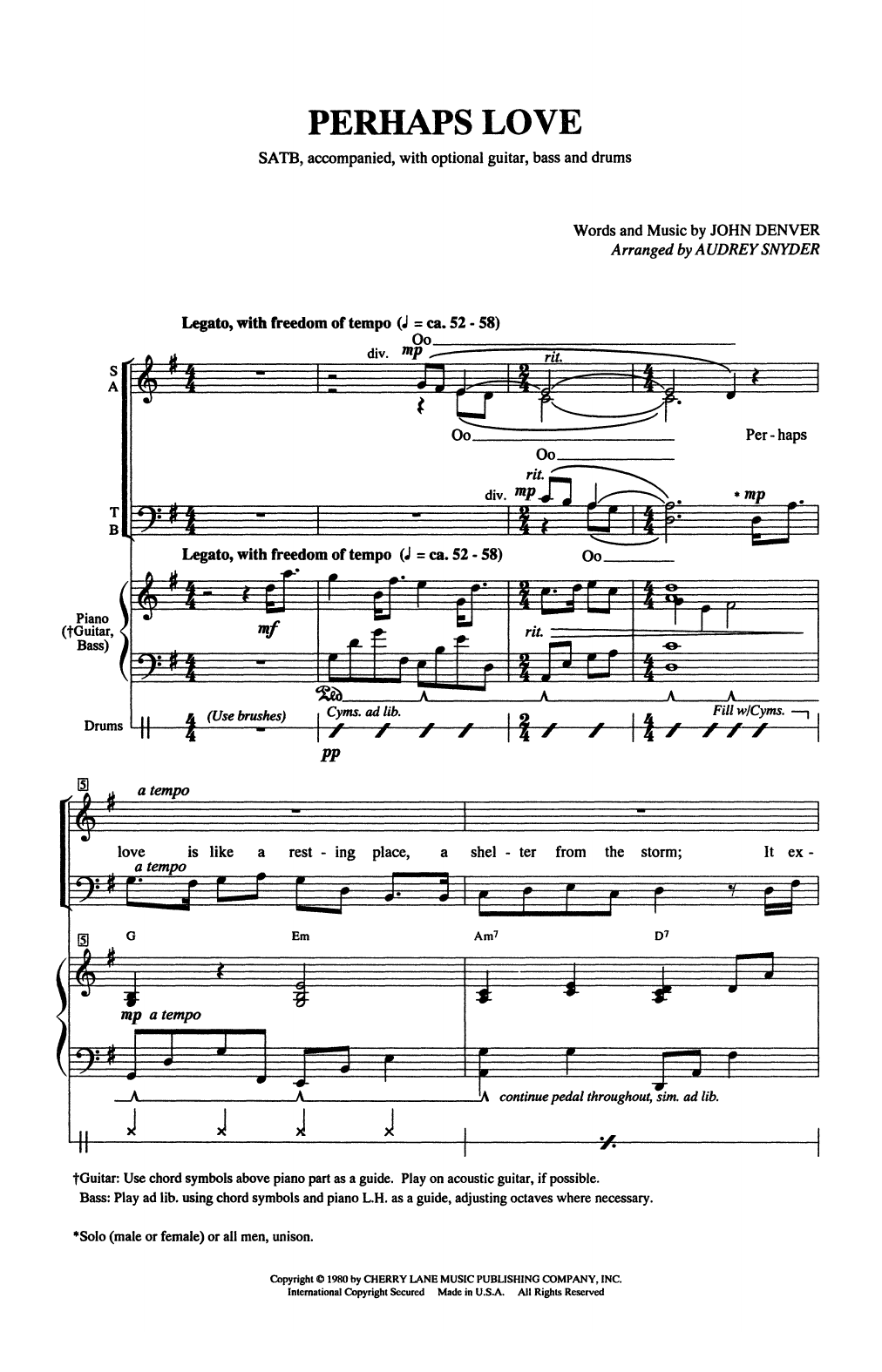 Learn to play John Denver Perhaps Love (arr. Audrey Snyder) sheet music for SATB Choir in minutes. Price: 3.9900$ John Denver Perhaps Love (arr. Audrey Snyder) sheet music notes and chords arranged for SATB Choir