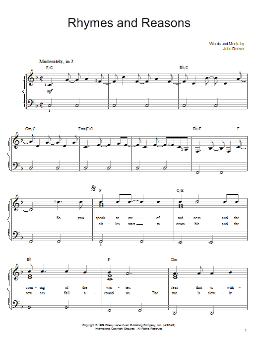 John Denver Rhymes And Reasons sheet music notes and chords. Download Printable PDF.