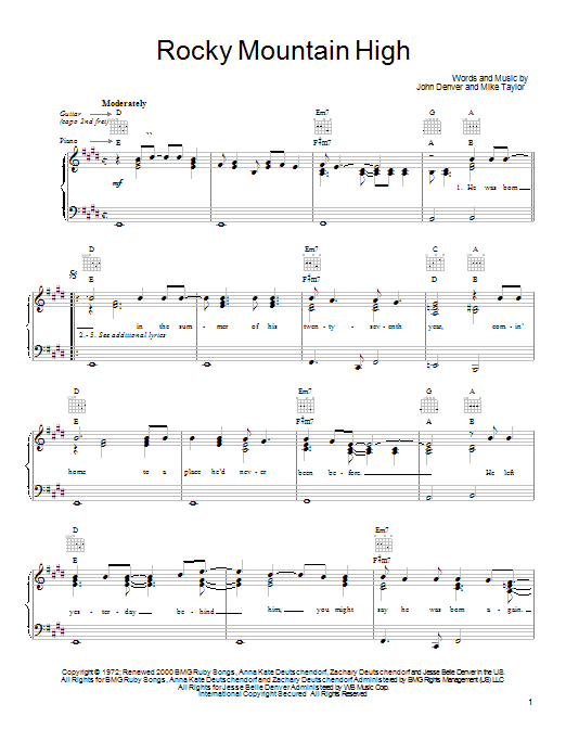 John Denver Rocky Mountain High sheet music notes and chords. Download Printable PDF.