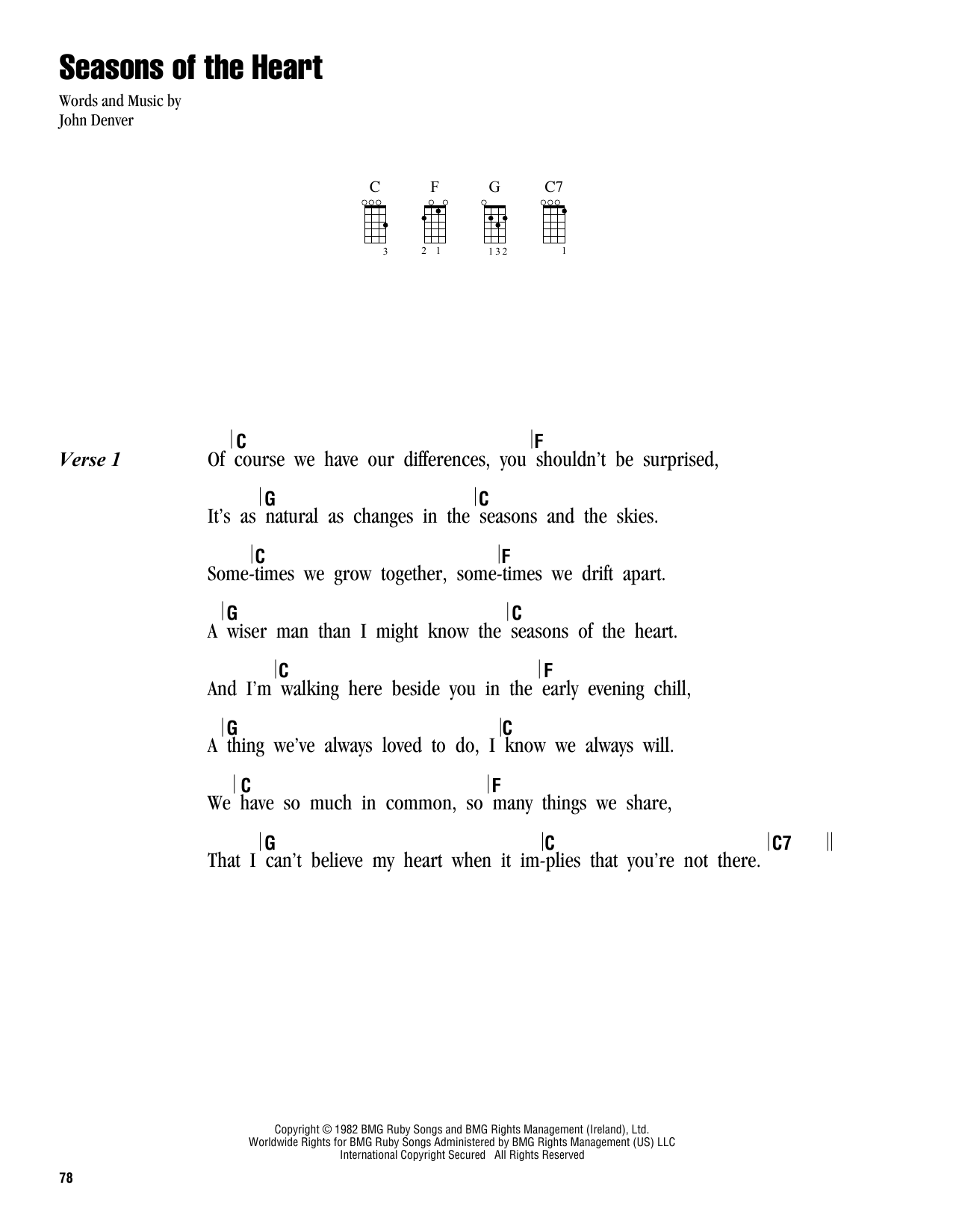 John Denver Seasons Of The Heart sheet music notes and chords arranged for Ukulele Chords/Lyrics