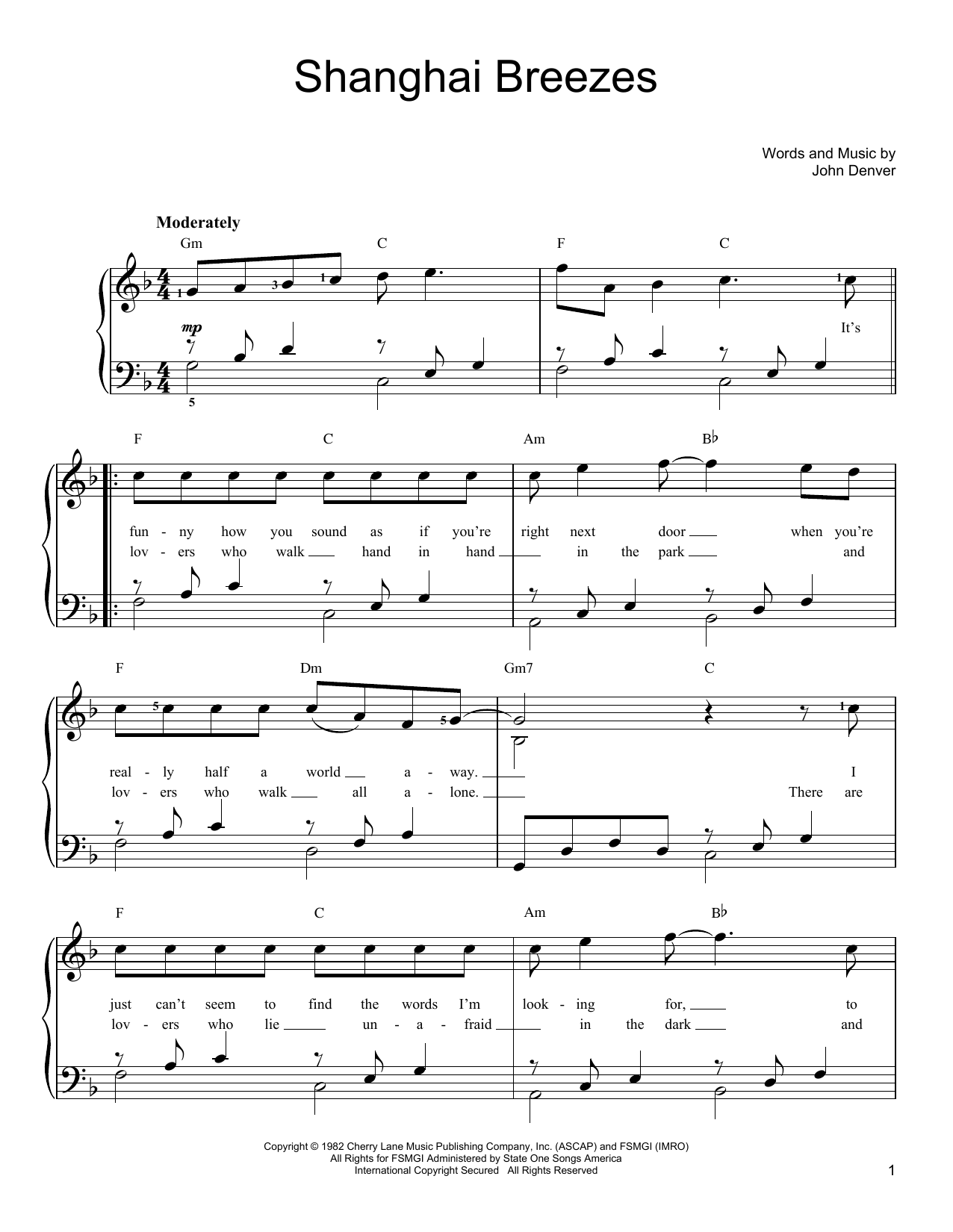 John Denver Shanghai Breezes sheet music notes and chords arranged for Easy Piano