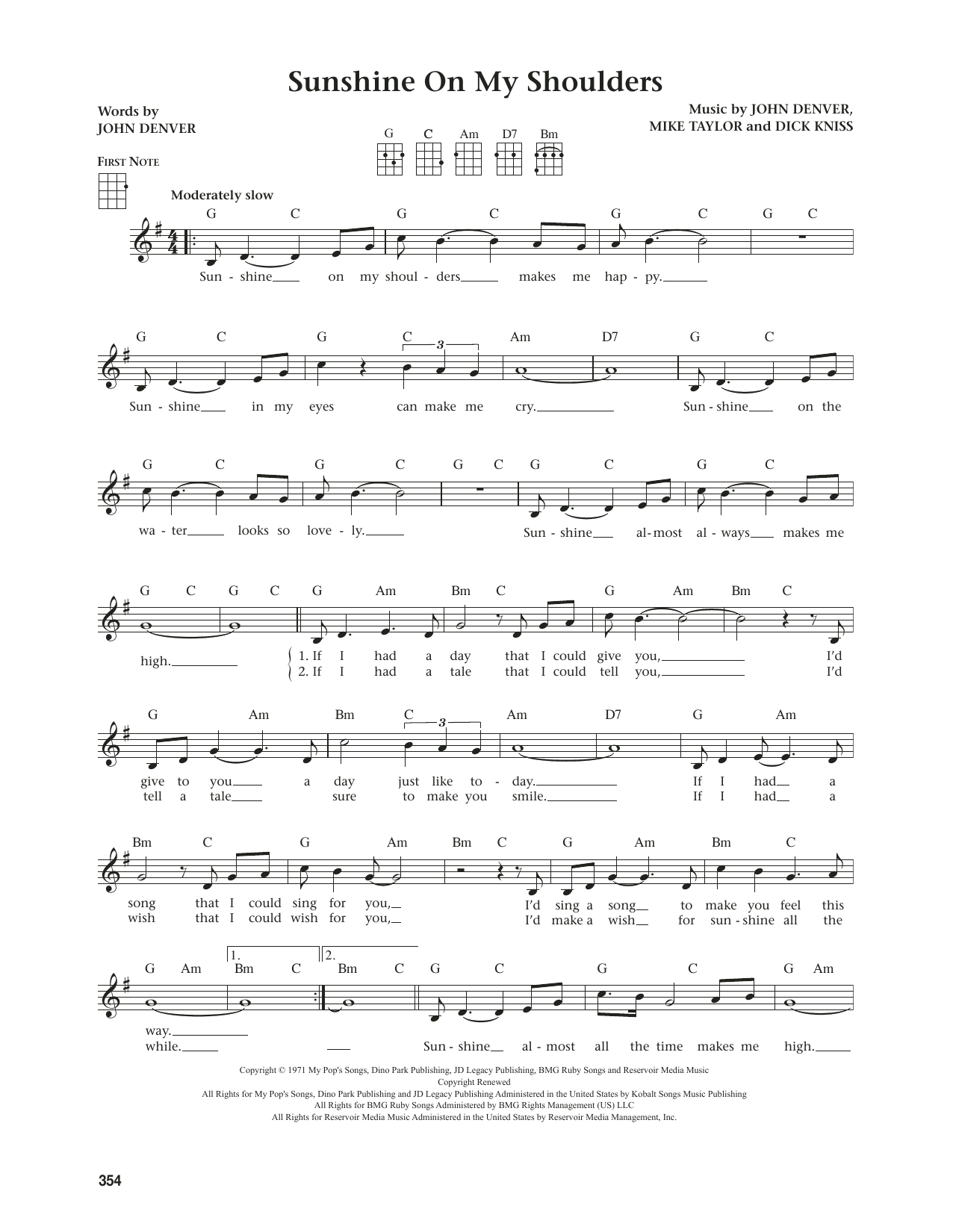 John Denver Sunshine On My Shoulders (from The Daily Ukulele) (arr. Jim Beloff) sheet music notes and chords. Download Printable PDF.