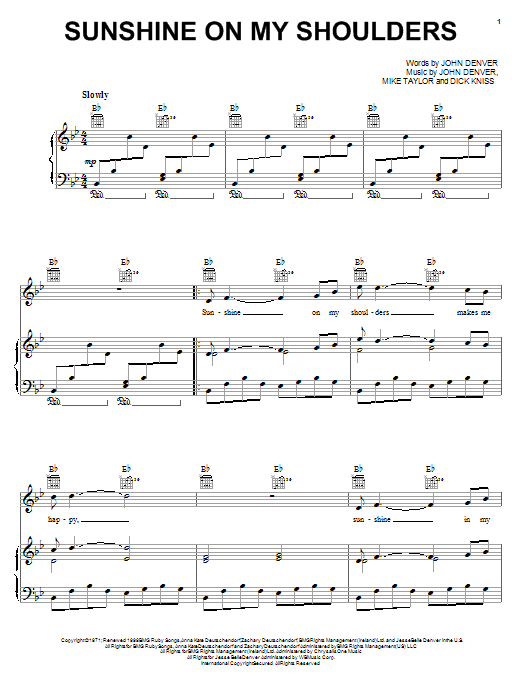 John Denver Sunshine On My Shoulders sheet music notes and chords. Download Printable PDF.