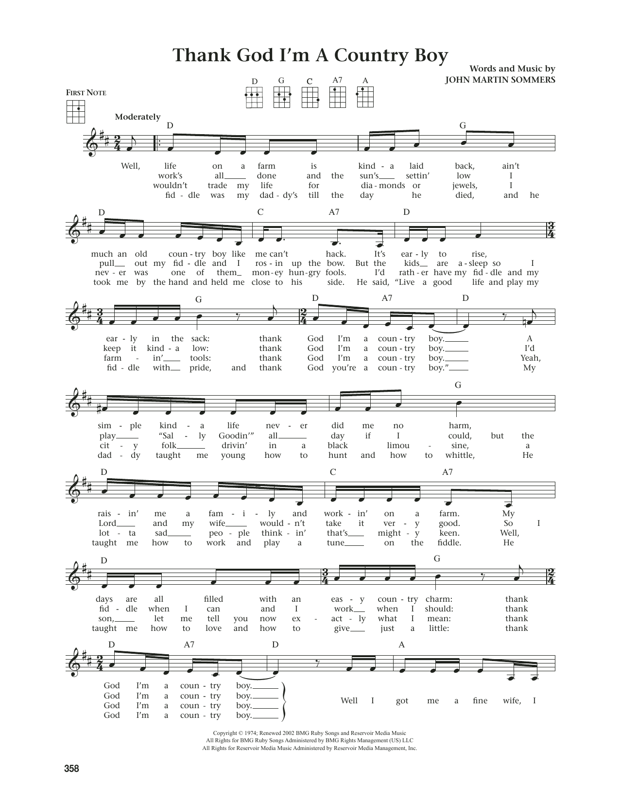 John Denver Thank God I'm A Country Boy (from The Daily Ukulele) (arr. Jim Beloff) sheet music notes and chords. Download Printable PDF.