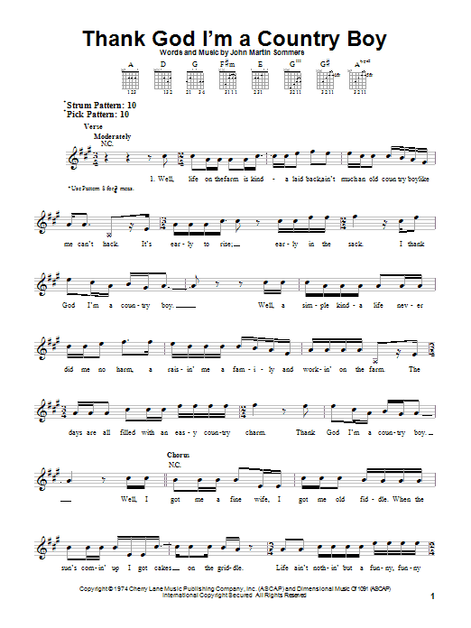 John Denver Thank God I'm A Country Boy sheet music notes and chords. Download Printable PDF.