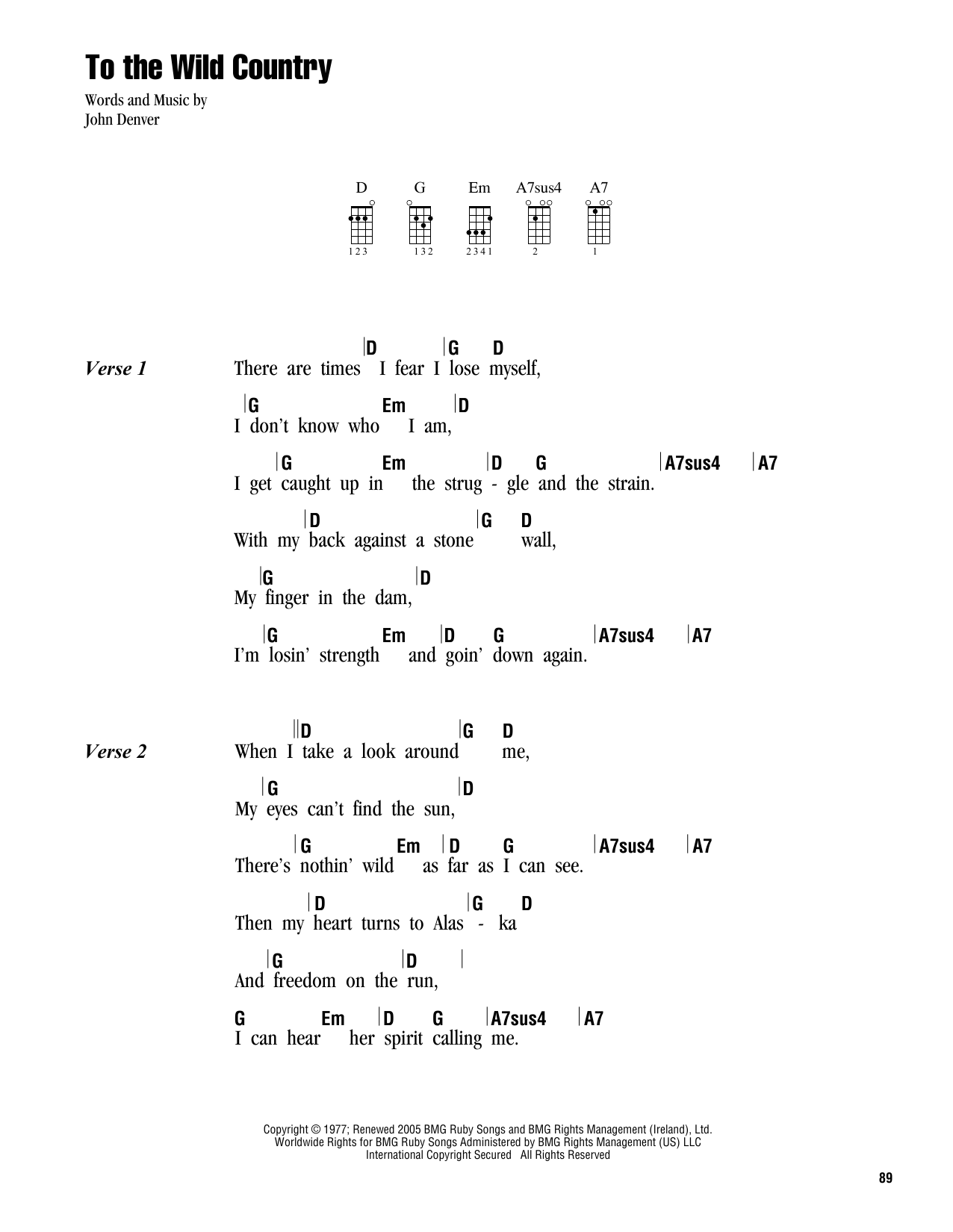 John Denver To The Wild Country sheet music notes and chords arranged for Ukulele Chords/Lyrics