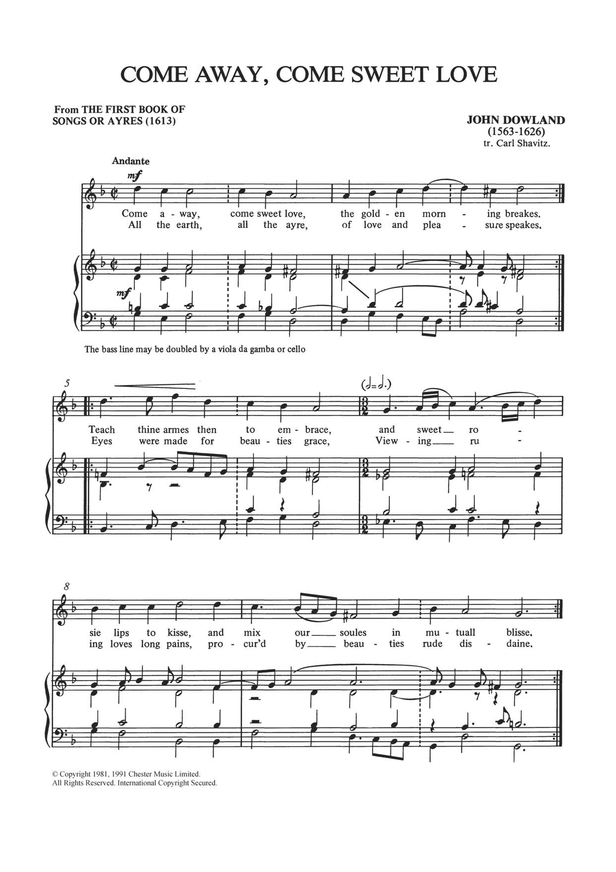 John Dowland Come Away, Come Sweet Love sheet music notes and chords. Download Printable PDF.