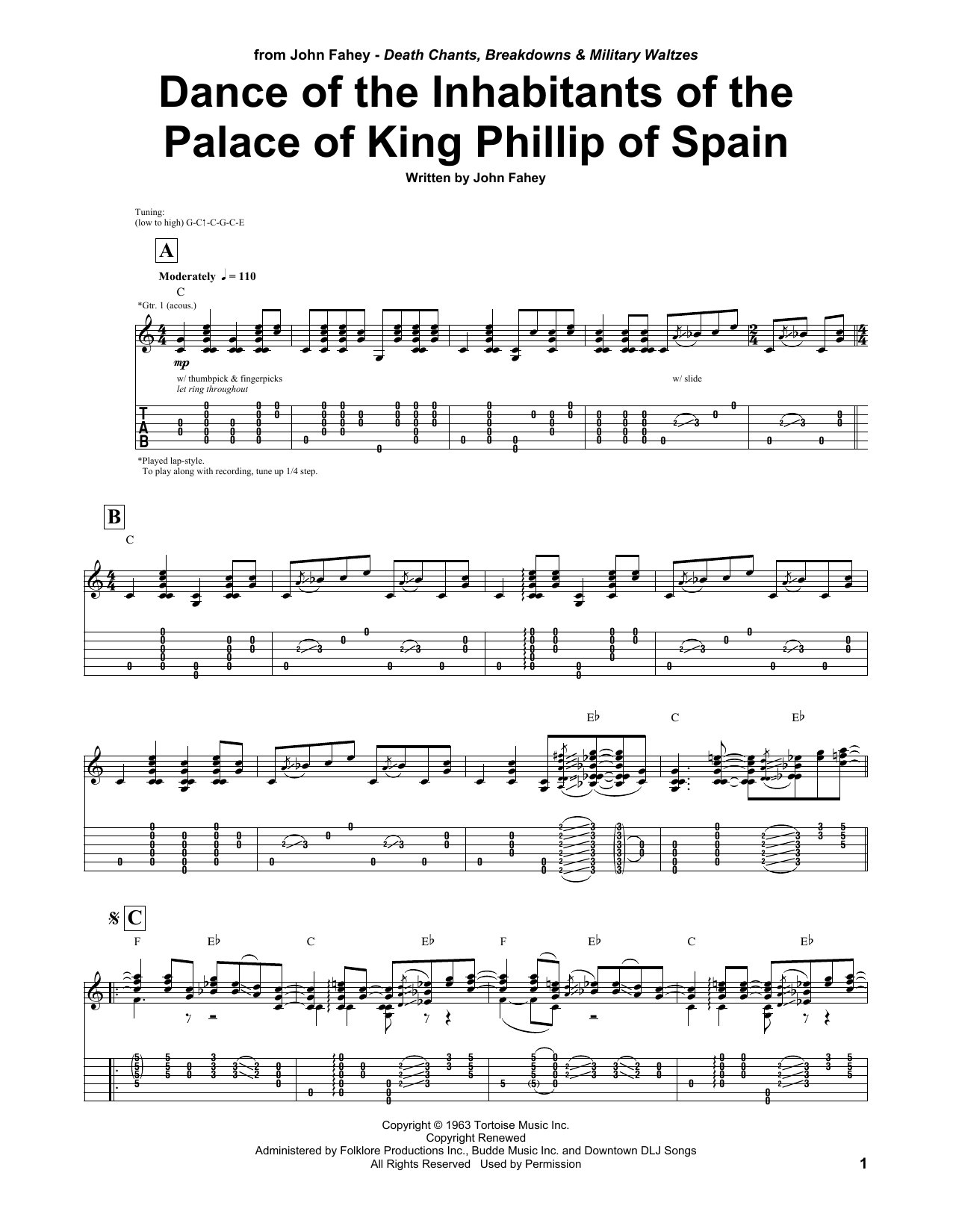 Learn to play John Fahey Dance Of The Inhabitants Of The Palace Of King Philip Of Spain sheet music for Guitar Tab in minutes. Price: 7.8900$ John Fahey Dance Of The Inhabitants Of The Palace Of King Philip Of Spain sheet music notes and chords arranged for Guitar Tab