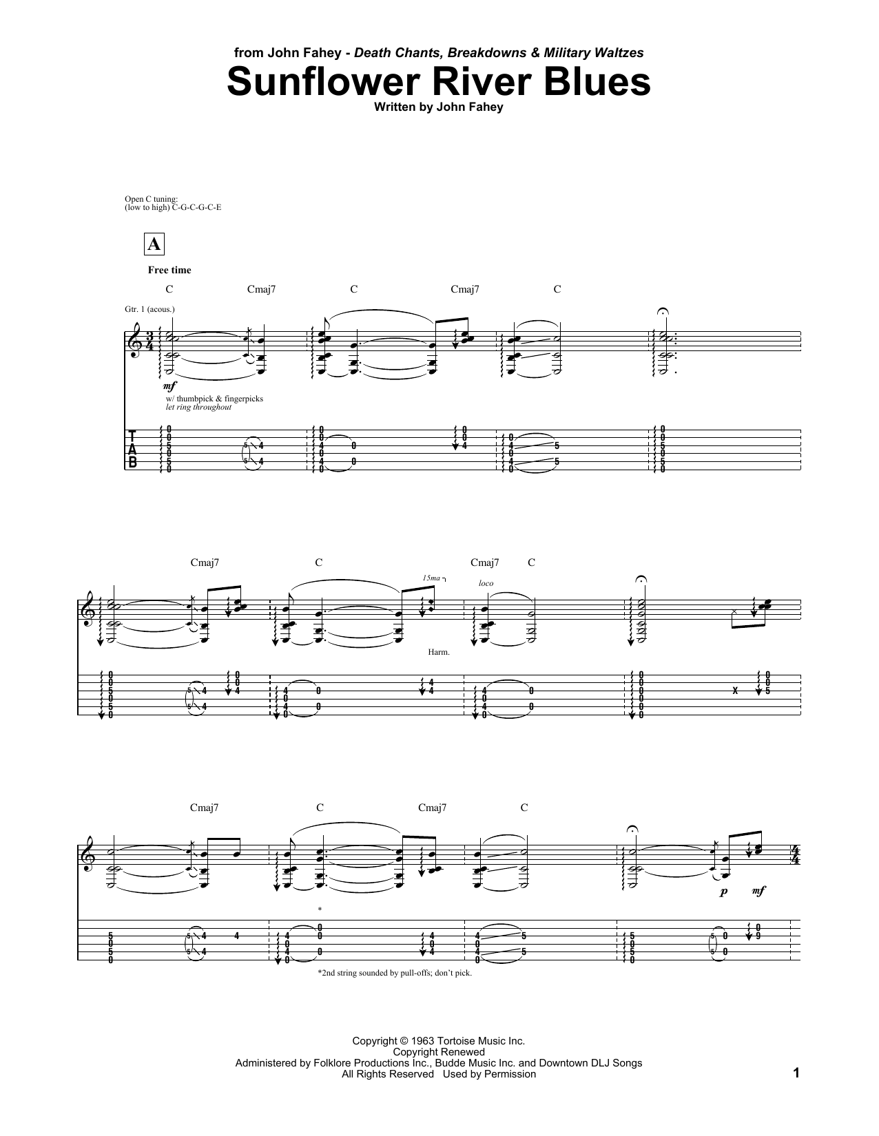 John Fahey Sunflower River Blues sheet music notes and chords. Download Printable PDF.