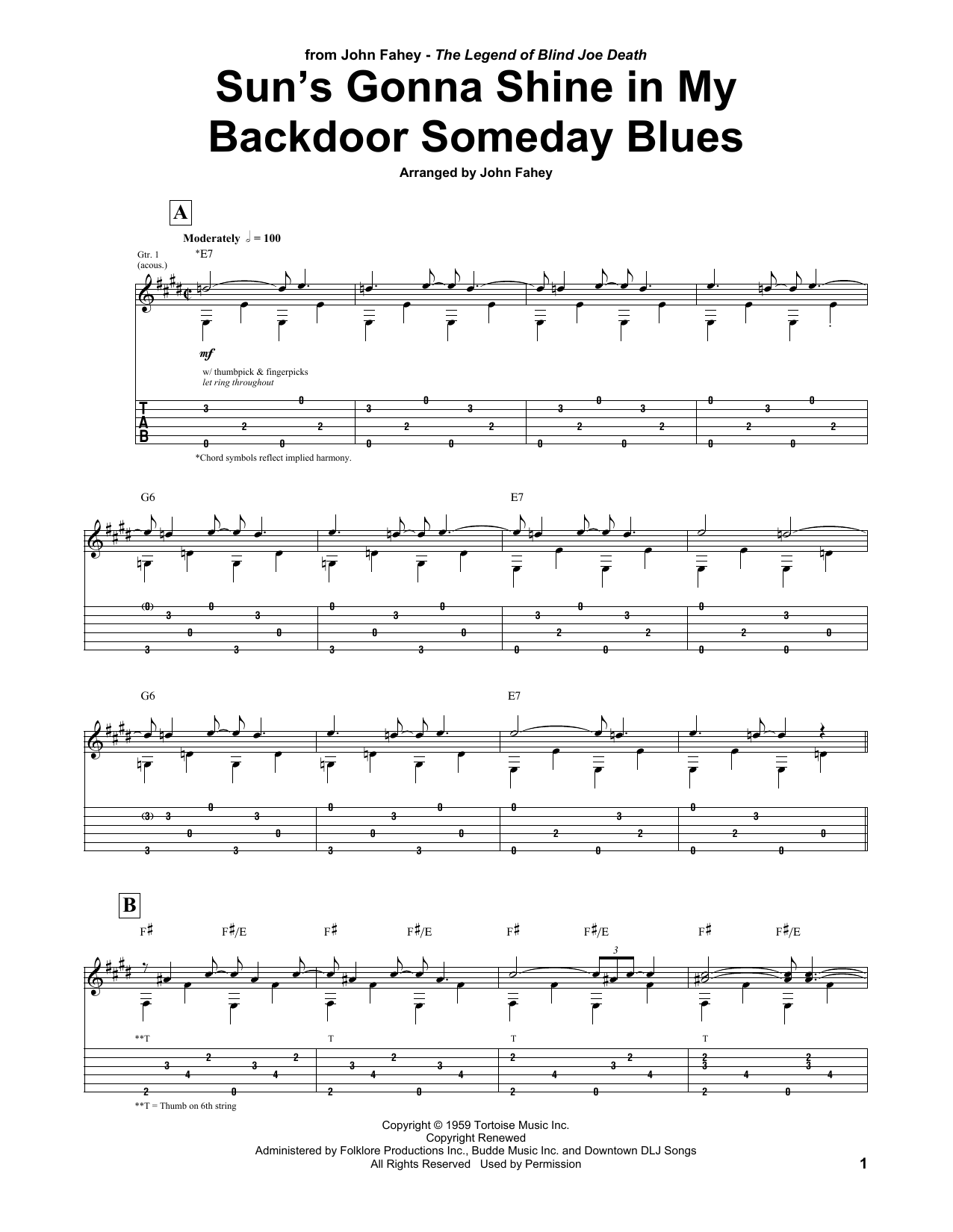 Learn to play John Fahey Sun's Gonna Shine In My Backdoor Someday Blues sheet music for Guitar Tab in minutes. Price: 7.8900$ John Fahey Sun's Gonna Shine In My Backdoor Someday Blues sheet music notes and chords arranged for Guitar Tab