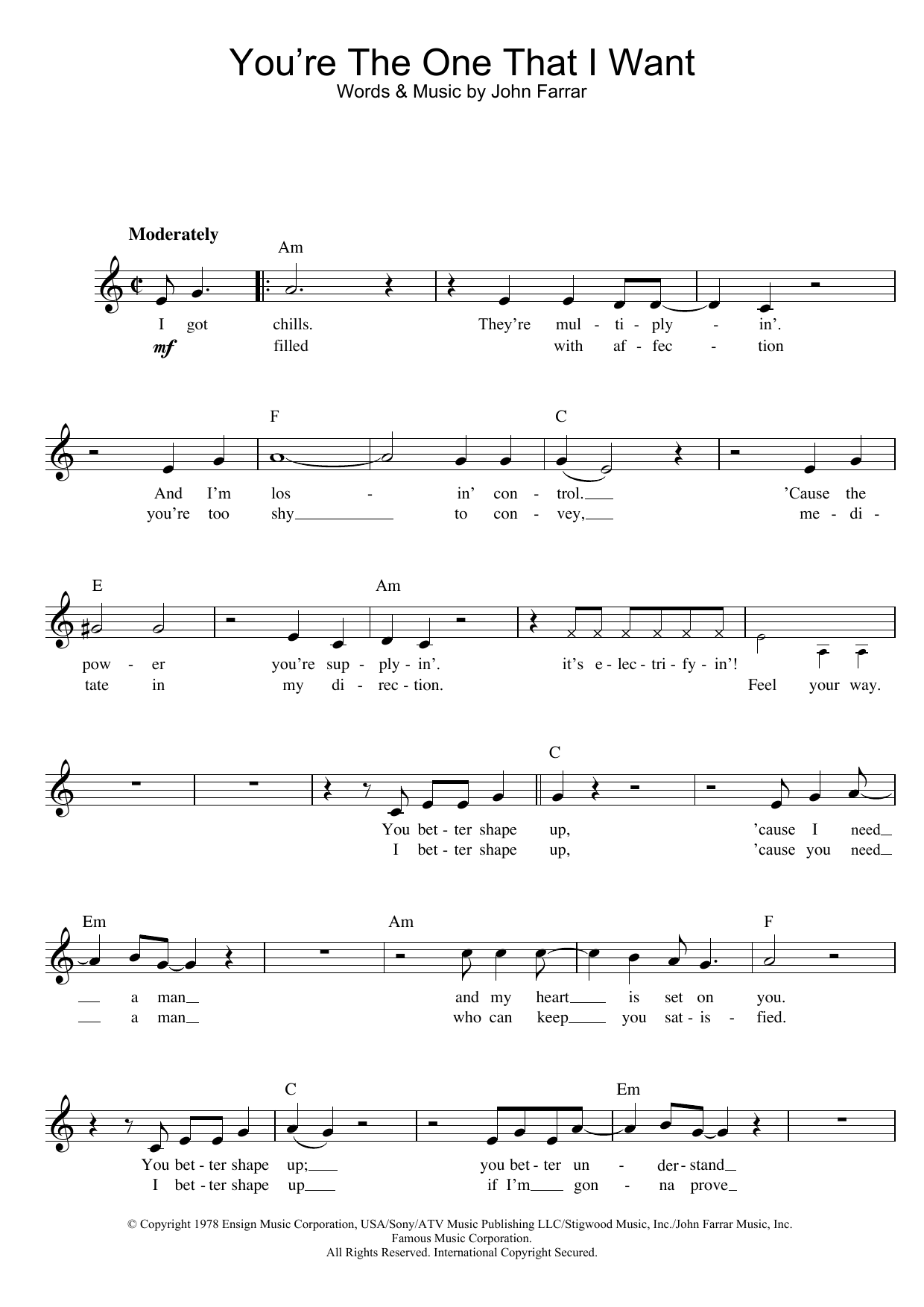 Olivia Newton-John and John Travolta You're The One That I Want (from Grease) sheet music notes and chords. Download Printable PDF.