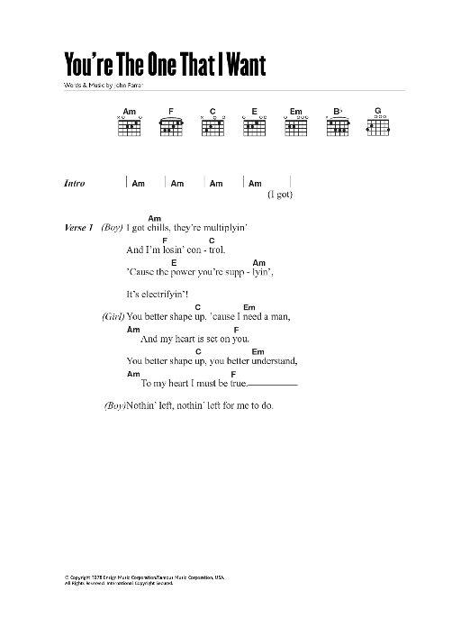 Learn to play Olivia Newton-John and John Travolta You're The One That I Want (from Grease) sheet music for Guitar Chords/Lyrics in minutes. Price: 4.4900$ Olivia Newton-John and John Travolta You're The One That I Want (from Grease) sheet music notes and chords arranged for Guitar Chords/Lyrics